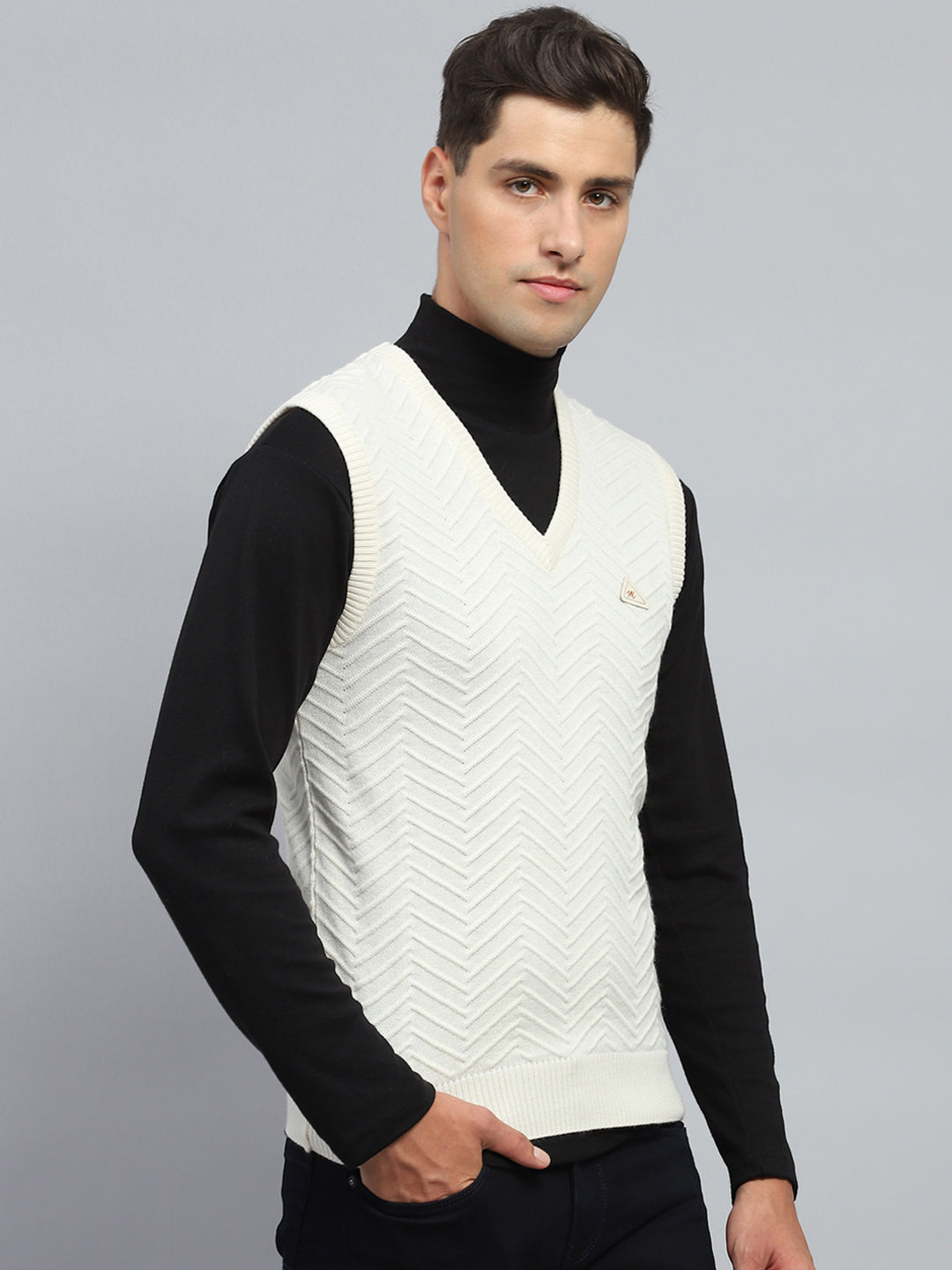 Men White Self Design V Neck Sleeveless Sweater