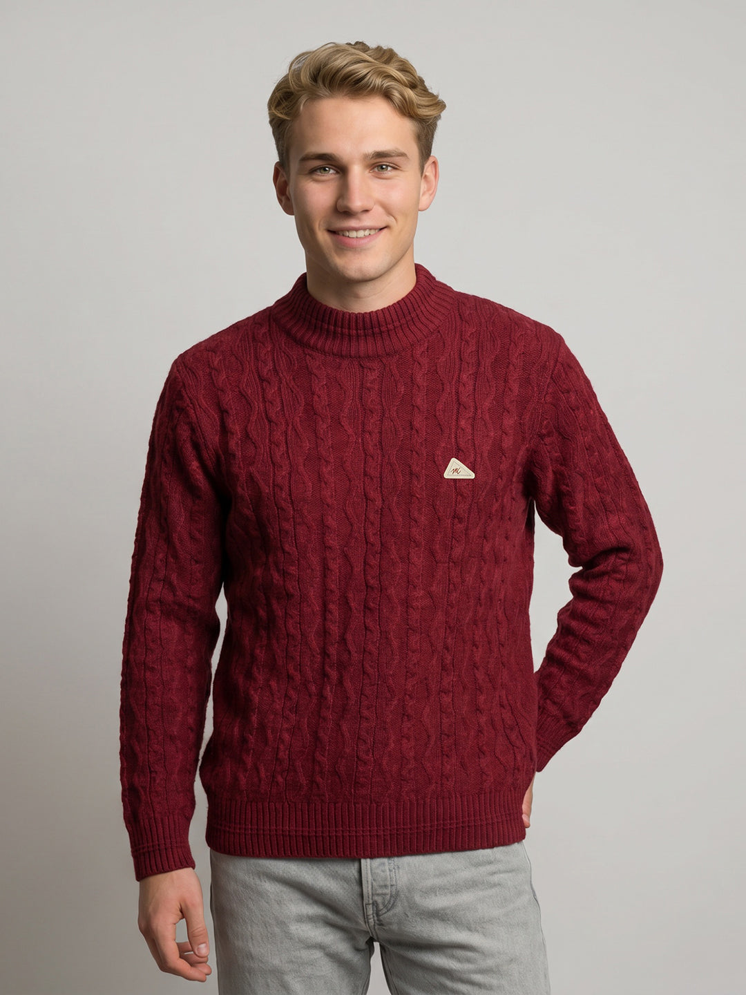 Men Maroon Self Design High Neck Full Sleeve Pullover