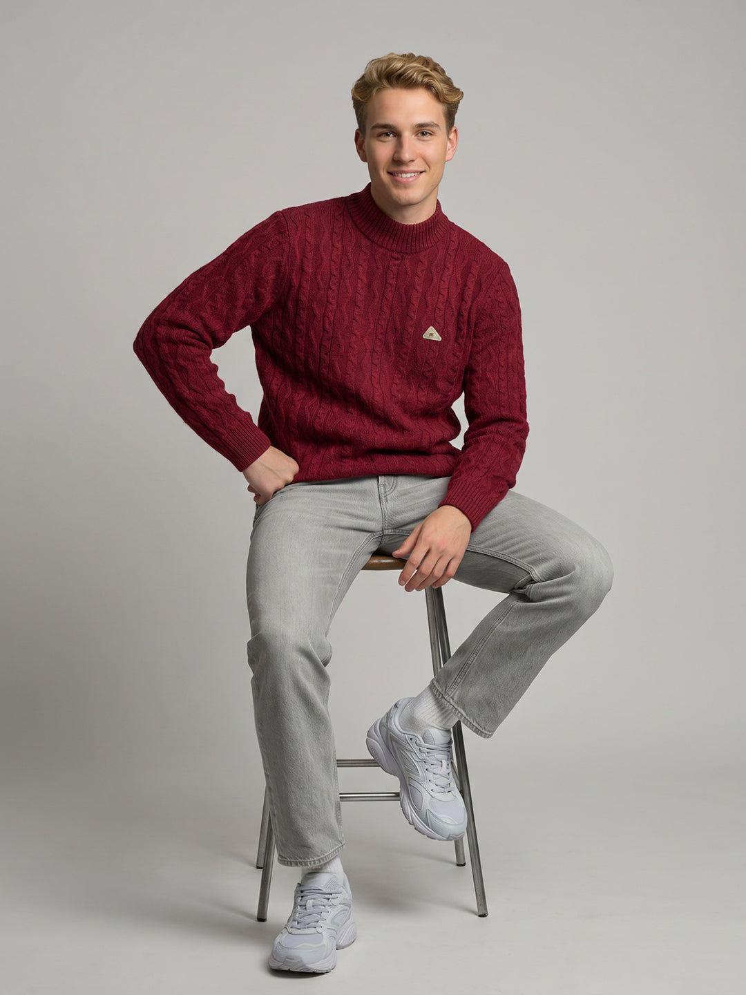 Men Maroon Self Design High Neck Full Sleeve Pullover