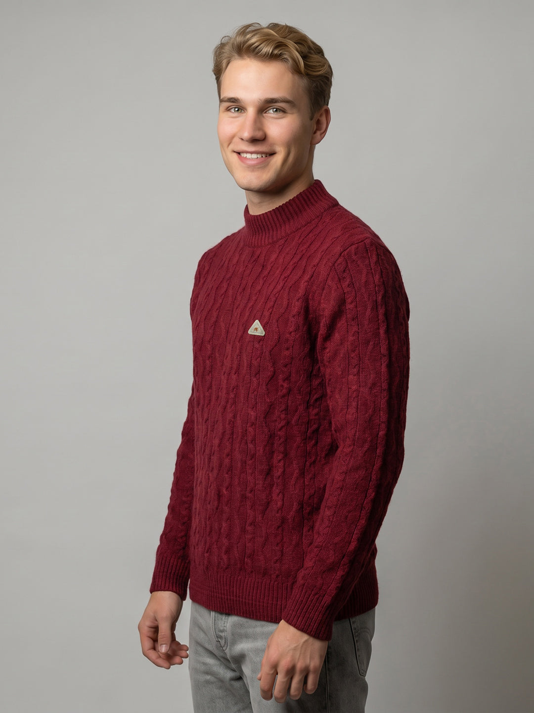Men Maroon Self Design High Neck Full Sleeve Pullover