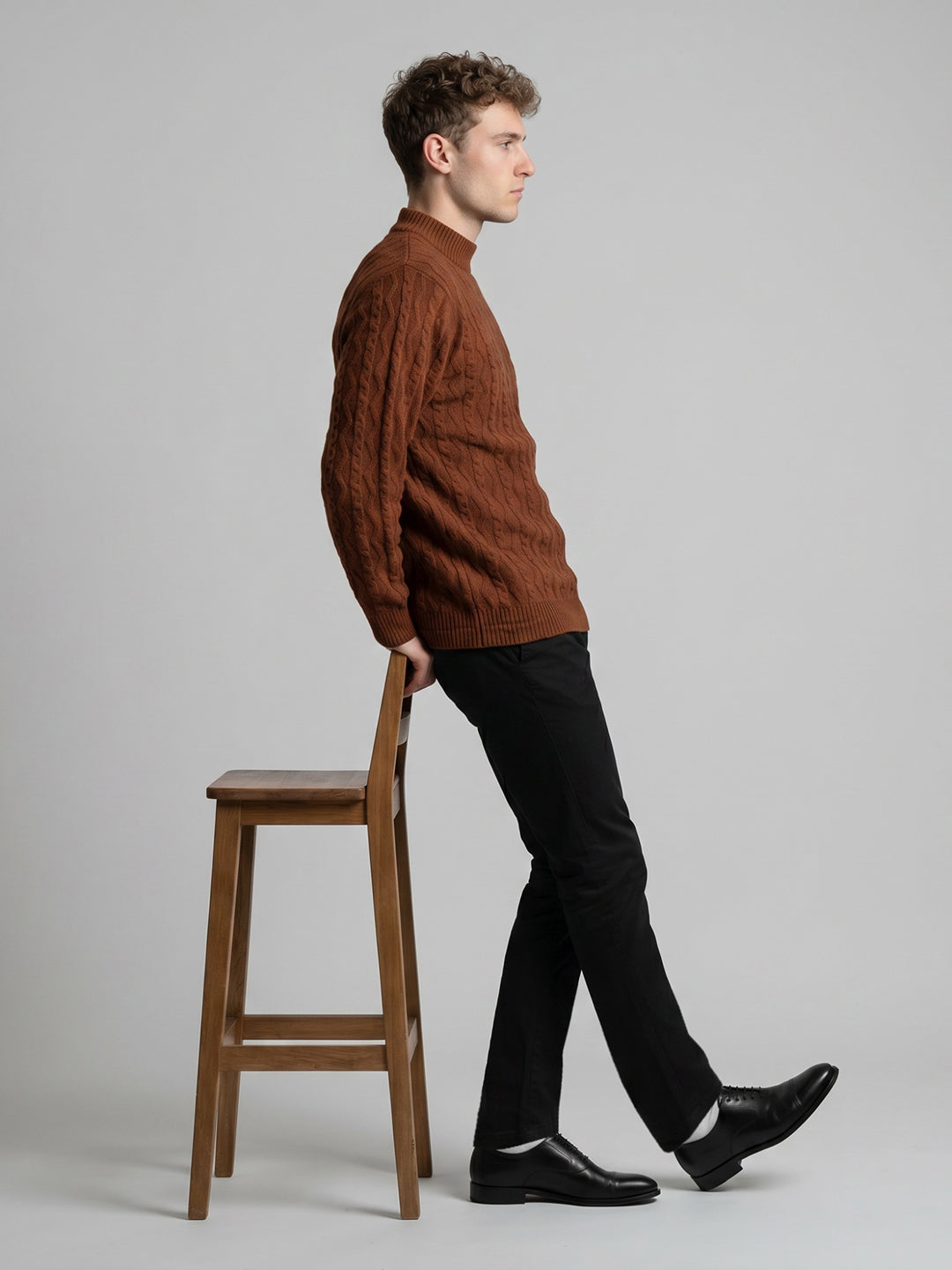 Men Brown Self Design High Neck Full Sleeve Pullover