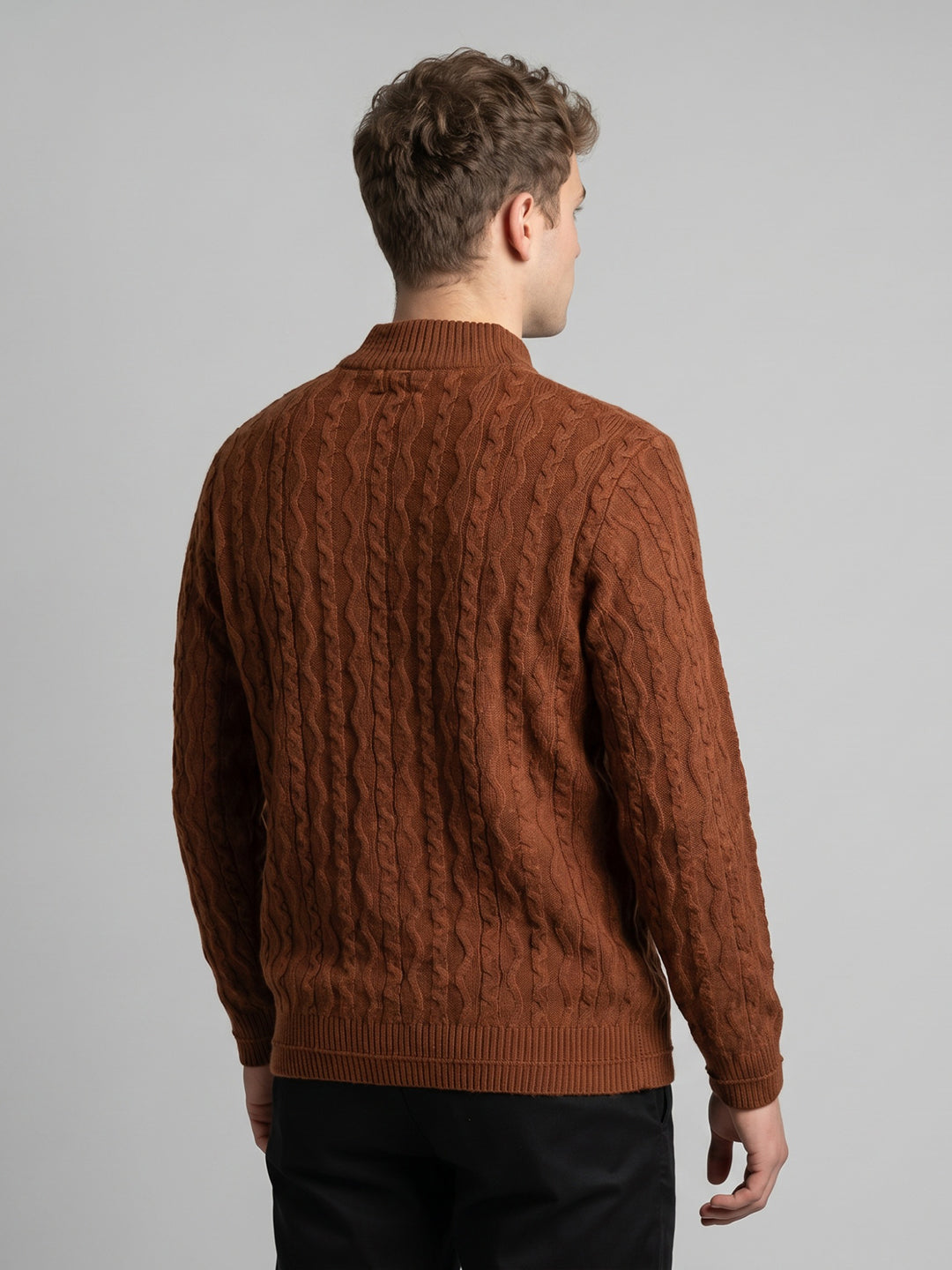 Men Brown Self Design High Neck Full Sleeve Pullover