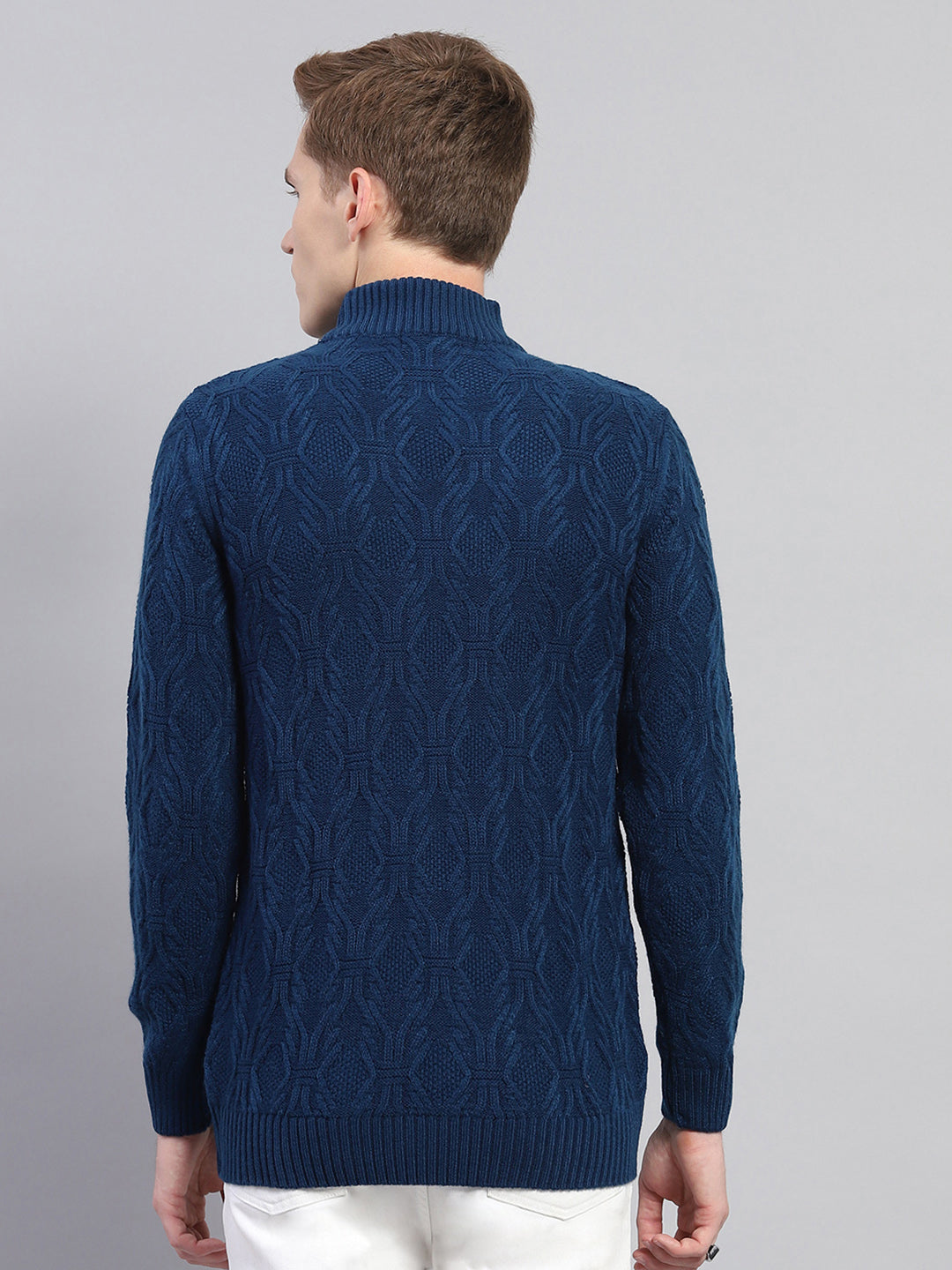 Men Blue Self Design Turtle Neck Full Sleeve Pullover