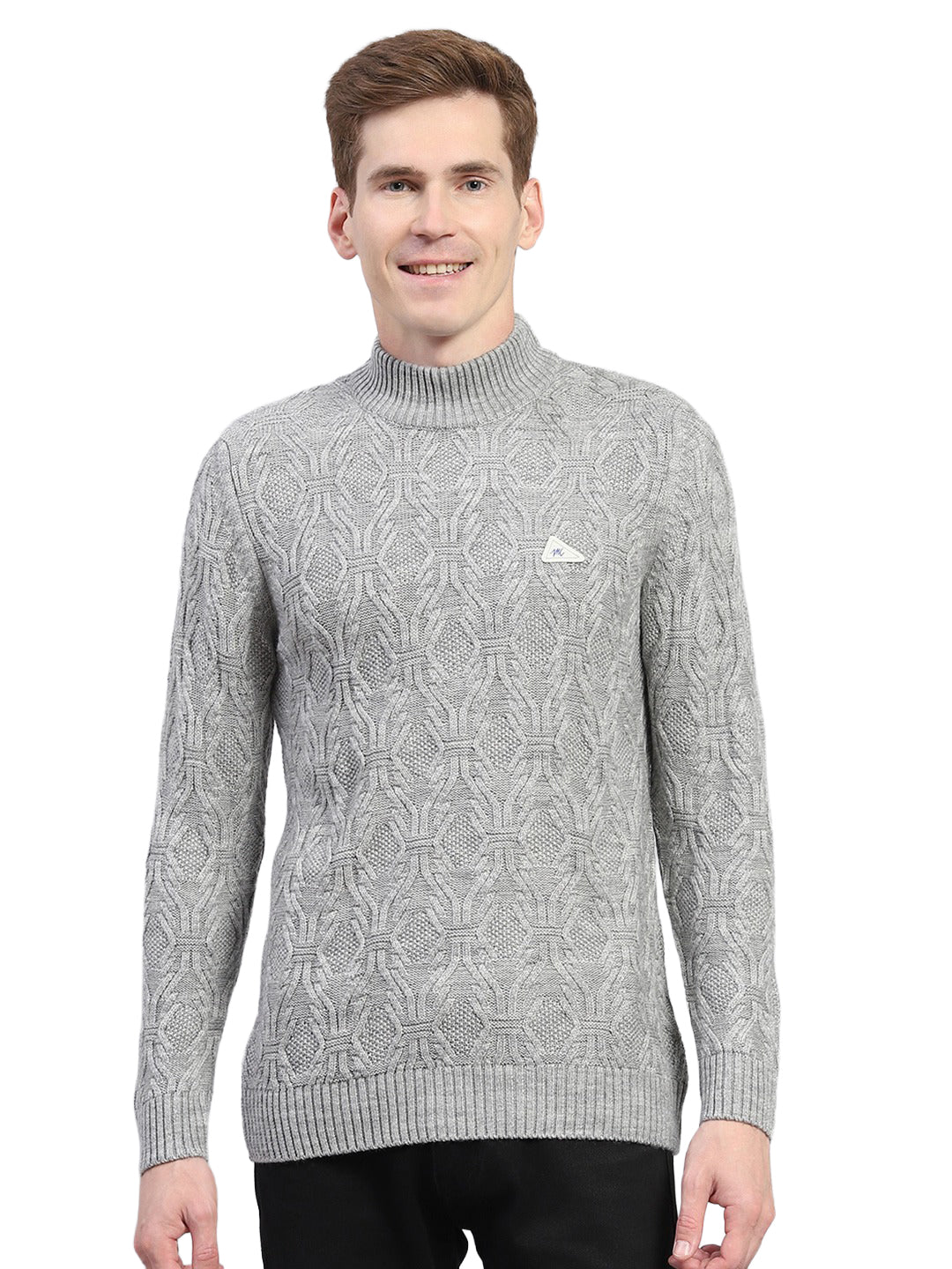 Men Grey Self Design Turtle Neck Full Sleeve Pullover