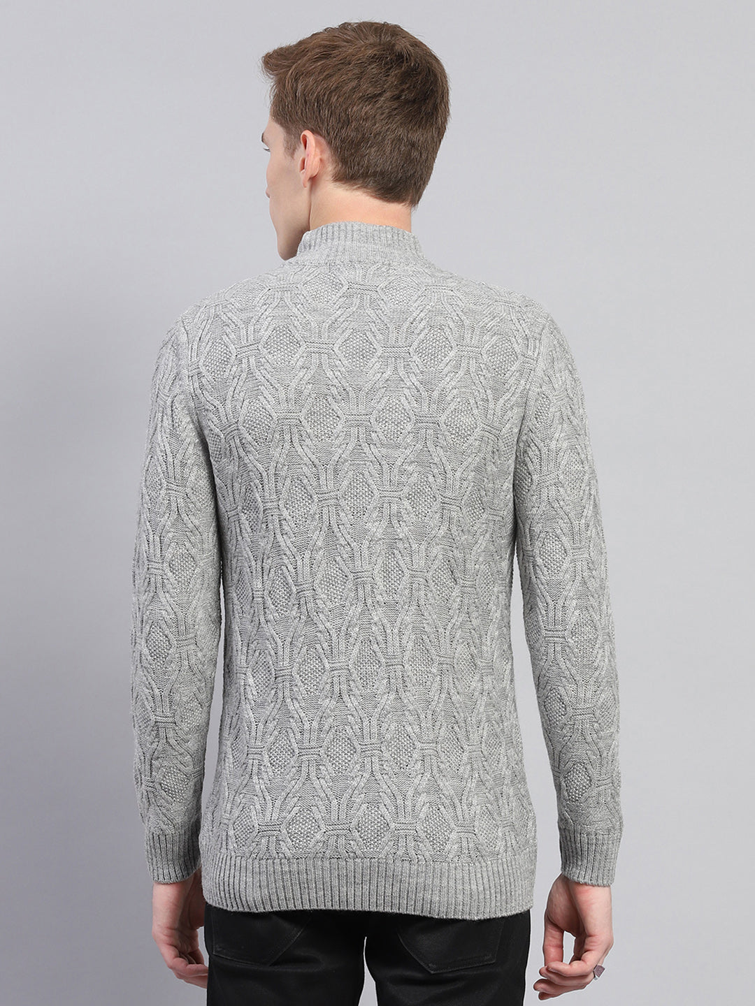 Men Grey Self Design Turtle Neck Full Sleeve Pullover