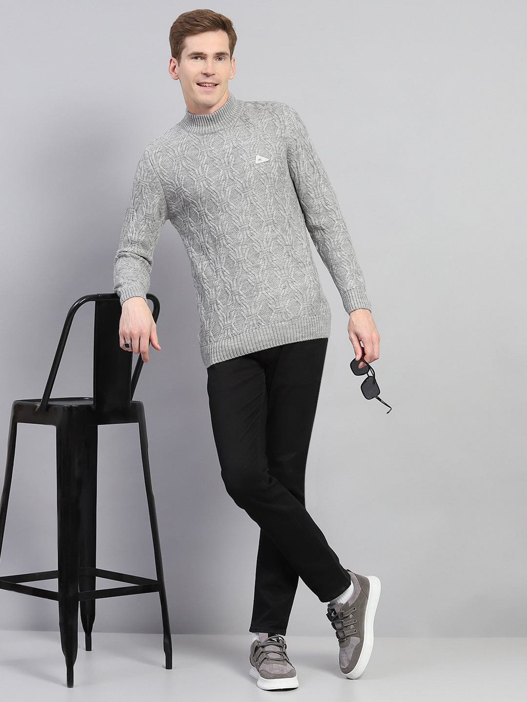 Men Grey Self Design Turtle Neck Full Sleeve Pullover