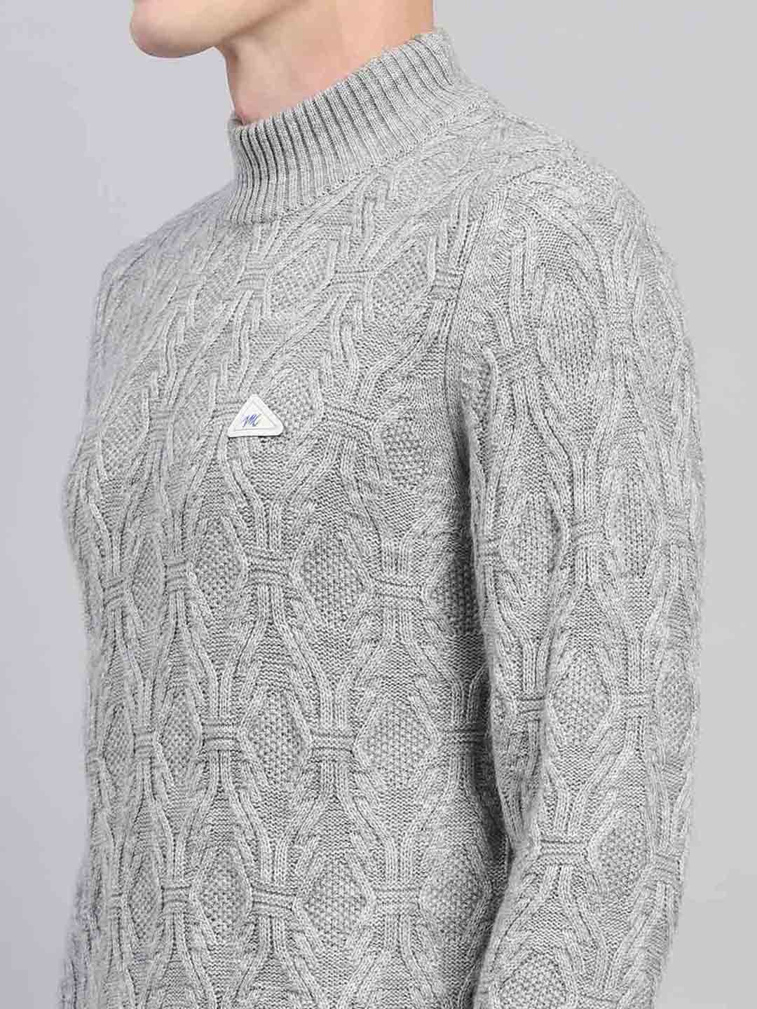 Men Grey Self Design Turtle Neck Full Sleeve Pullover