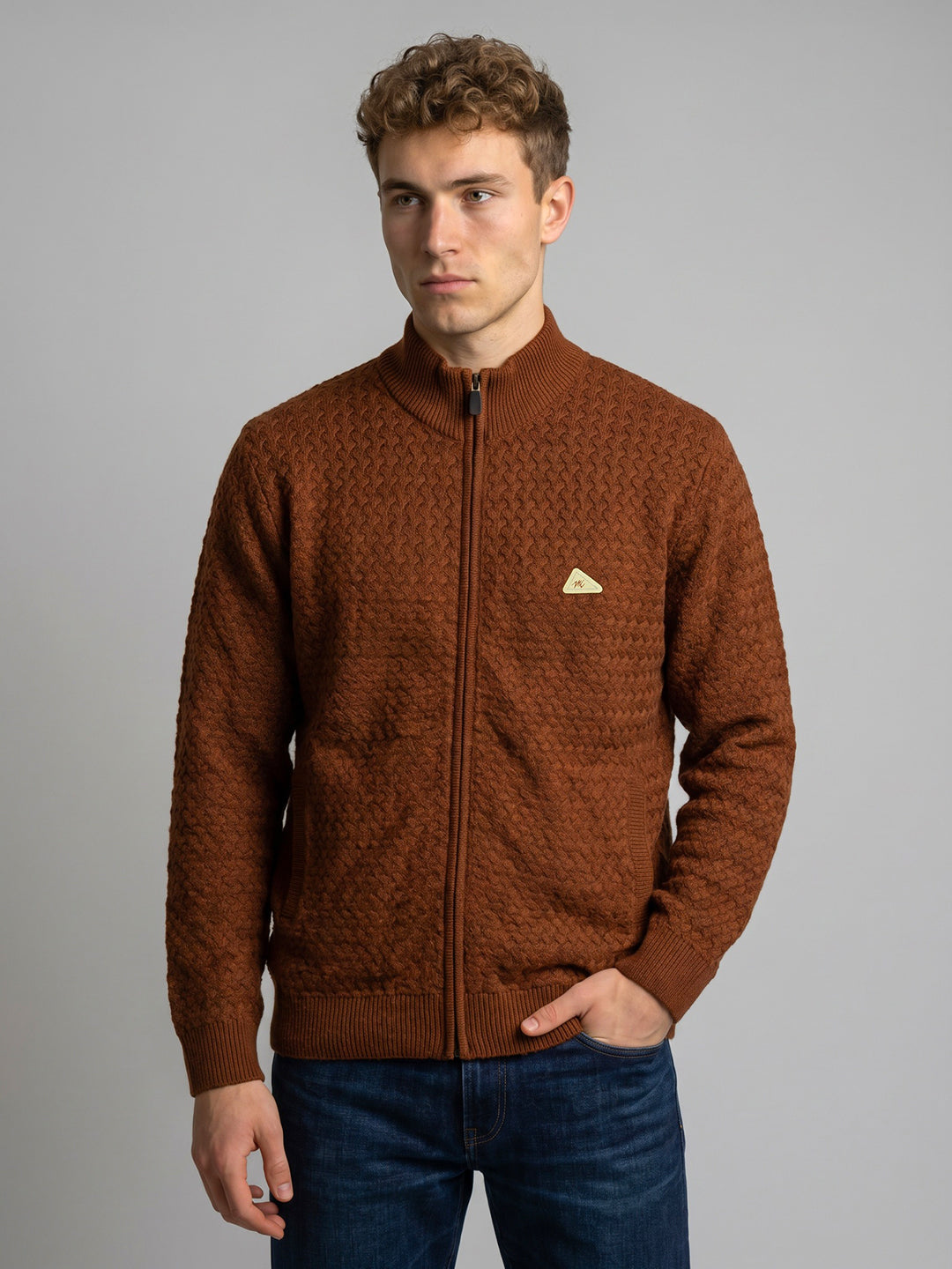 Men Brown Self Design Turtle Neck Full Sleeve Cardigan