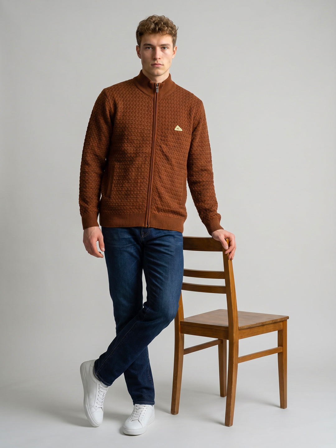 Men Brown Self Design Turtle Neck Full Sleeve Cardigan