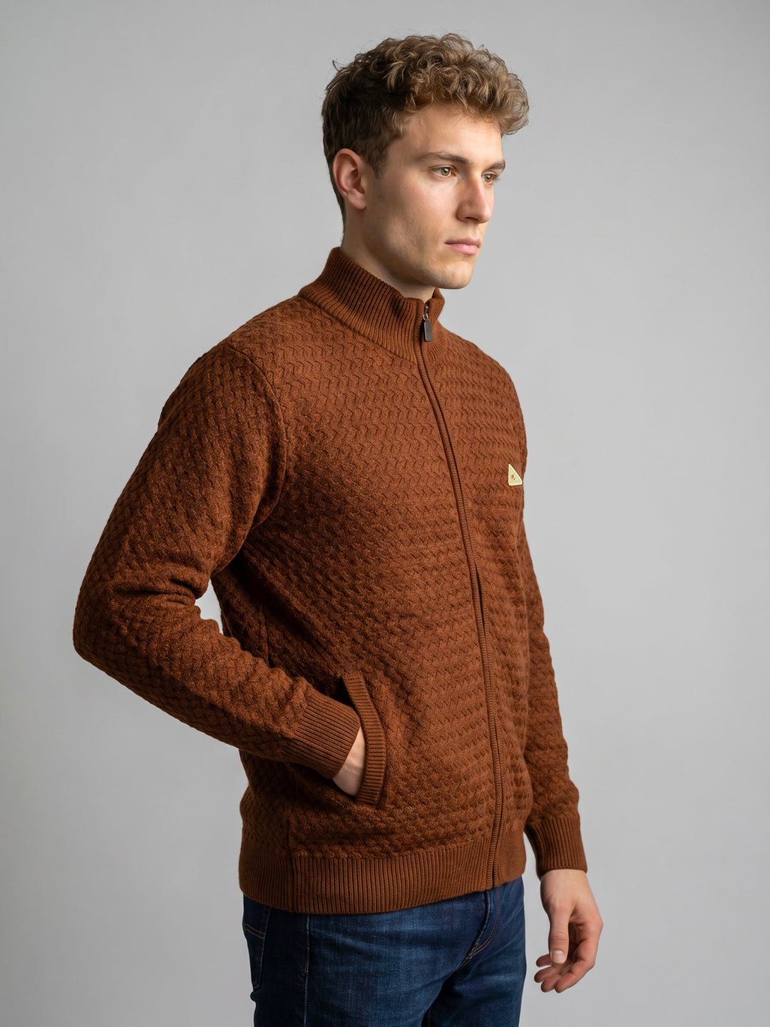 Men Brown Self Design Turtle Neck Full Sleeve Cardigan