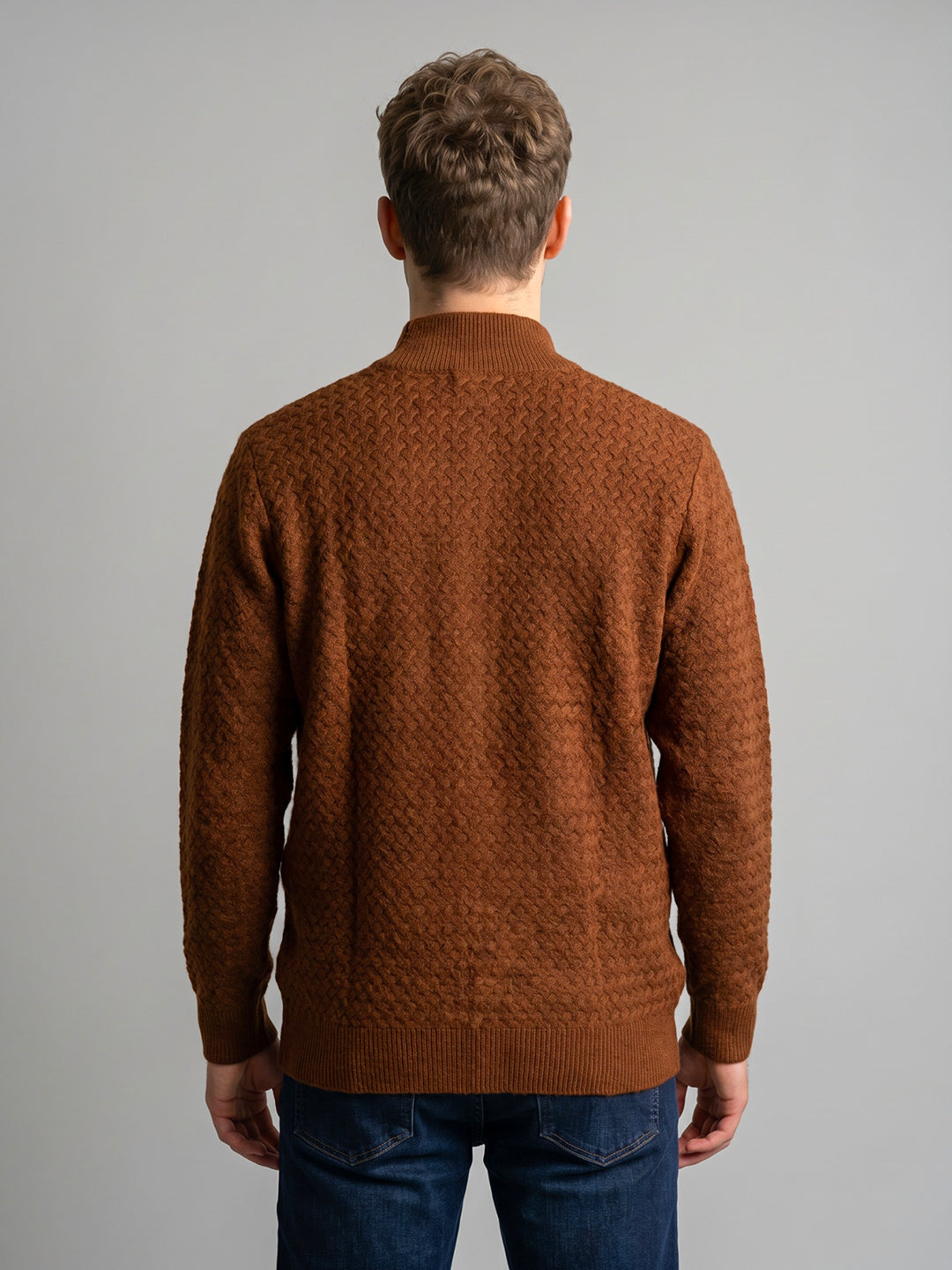 Men Brown Self Design Turtle Neck Full Sleeve Cardigan