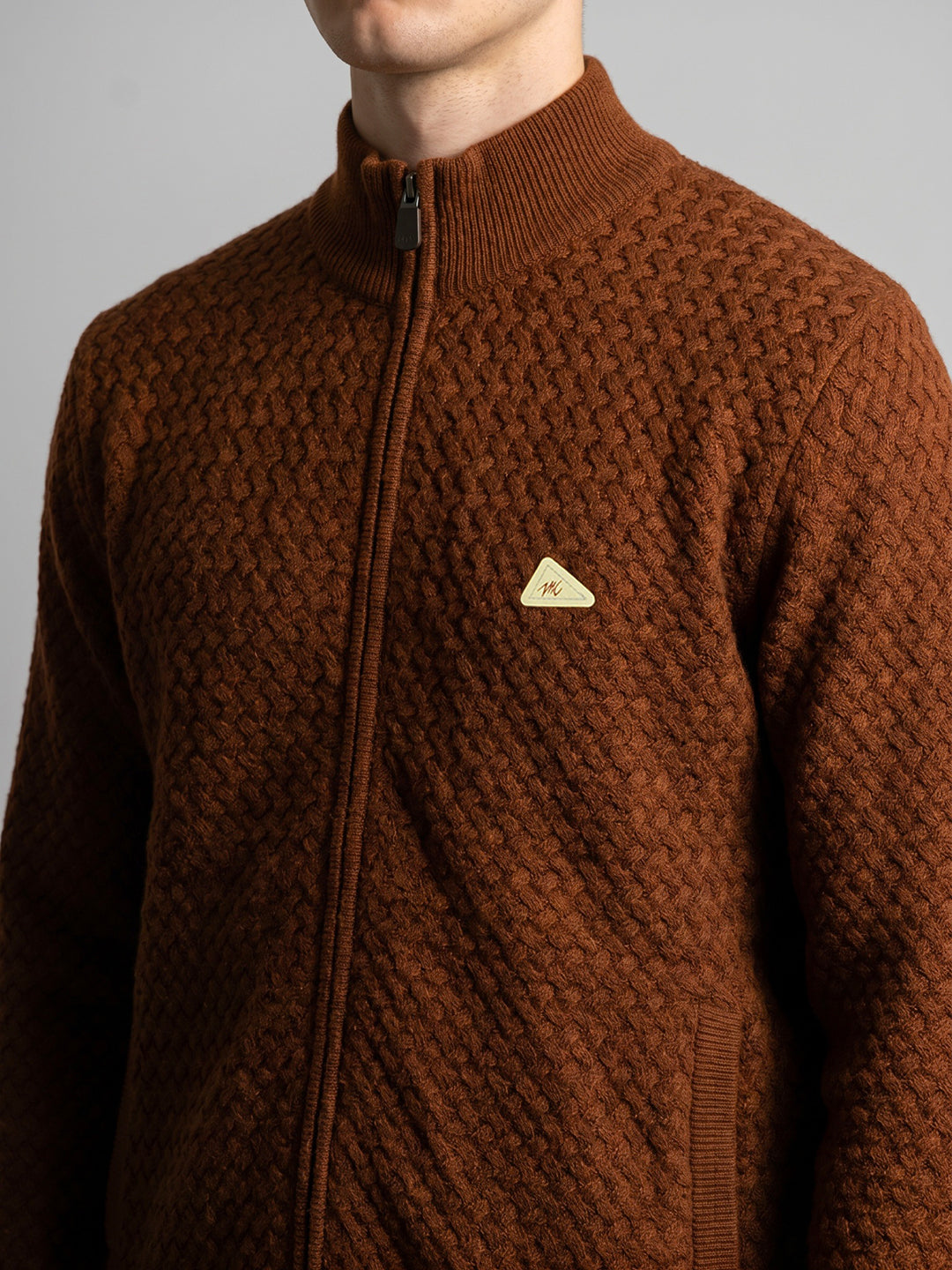 Men Brown Self Design Turtle Neck Full Sleeve Cardigan