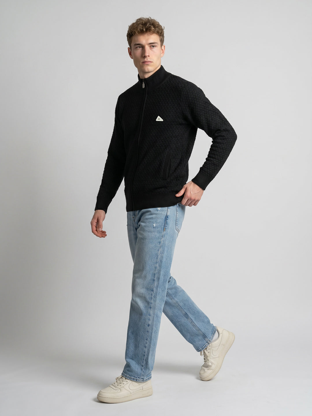 Men Black Self Design Turtle Neck Full Sleeve Cardigan