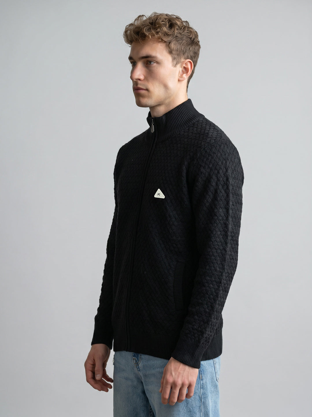 Men Black Self Design Turtle Neck Full Sleeve Cardigan
