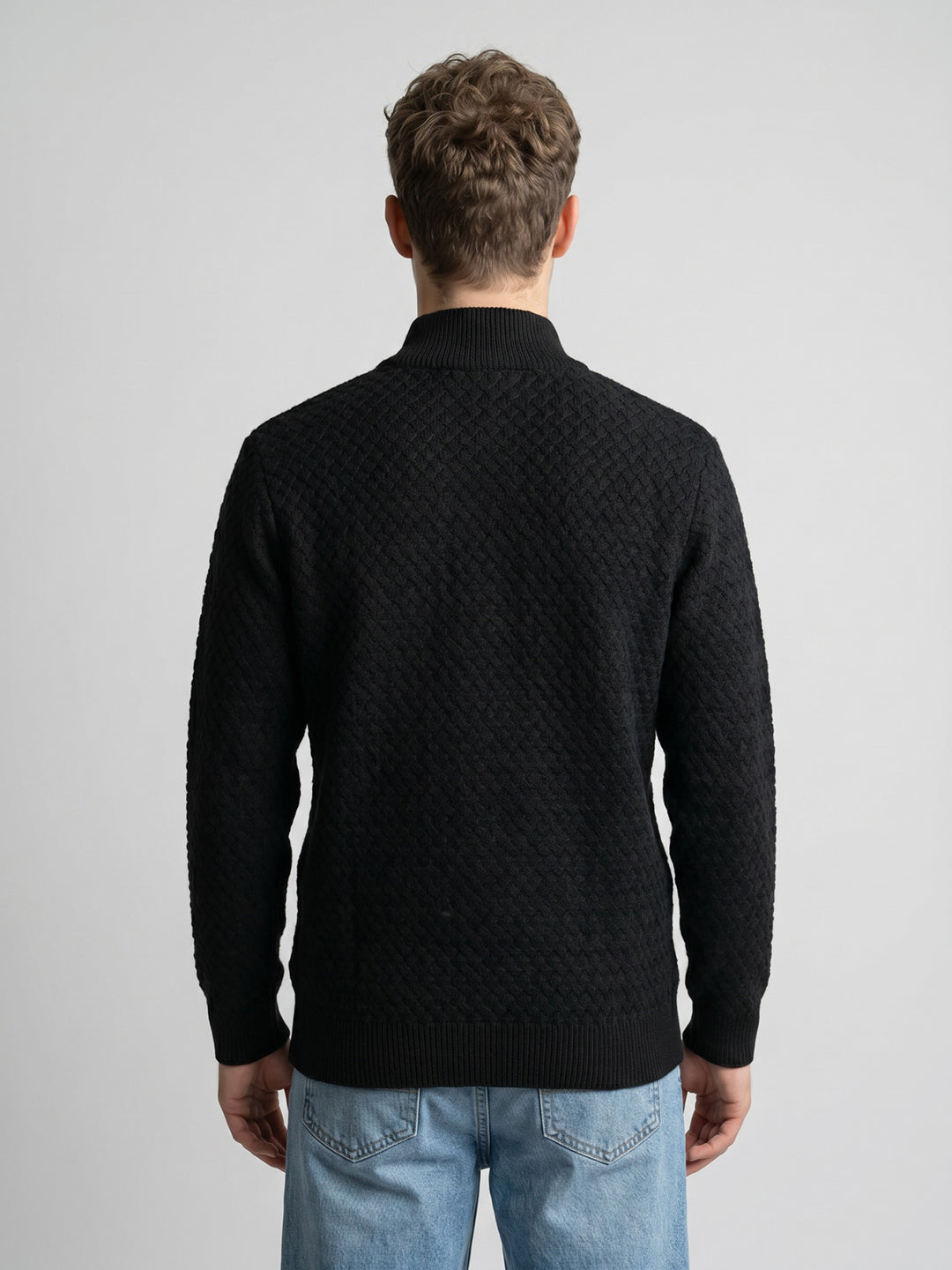 Men Black Self Design Turtle Neck Full Sleeve Cardigan