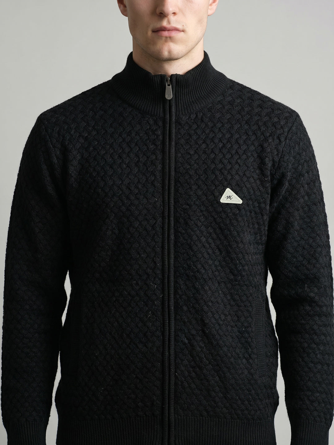 Men Black Self Design Turtle Neck Full Sleeve Cardigan