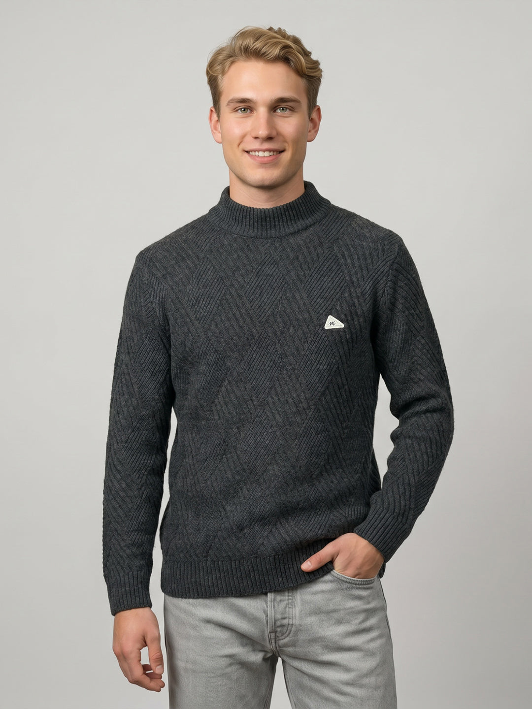Men Grey Self Design High Neck Full Sleeve Pullover