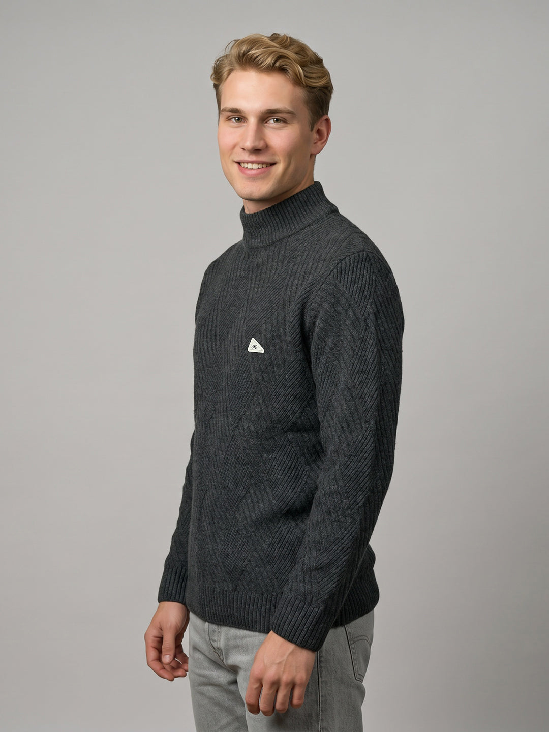 Men Grey Self Design High Neck Full Sleeve Pullover