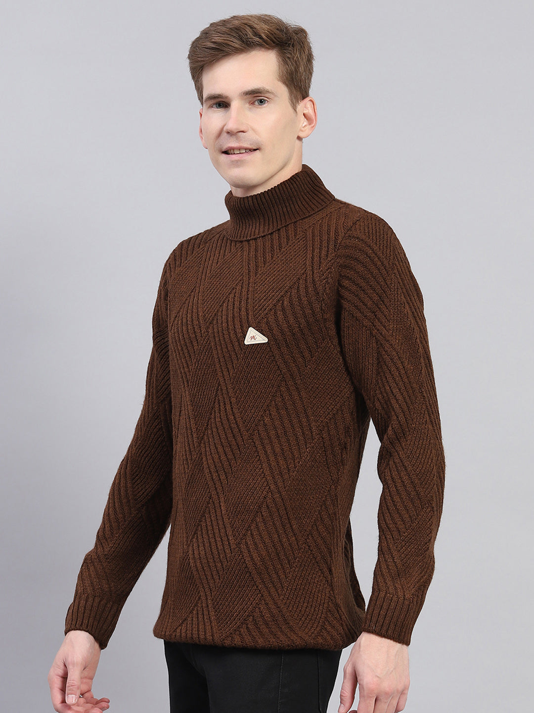 Men Brown Self Design High Neck Full Sleeve Pullover