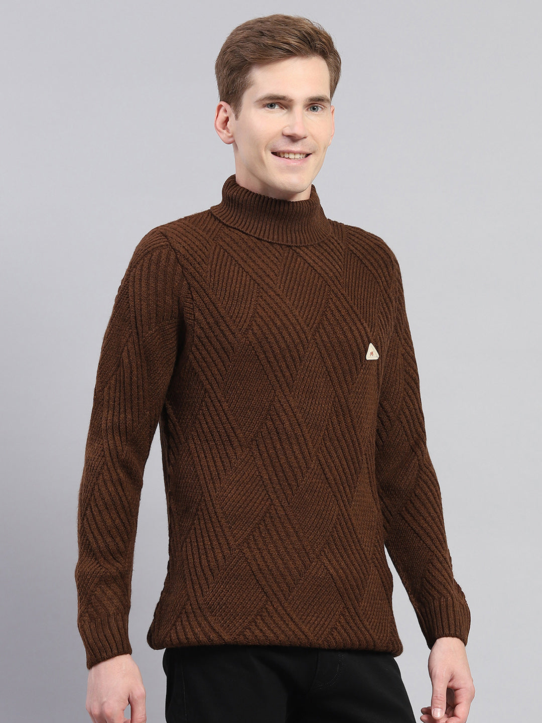 Men Brown Self Design High Neck Full Sleeve Pullover