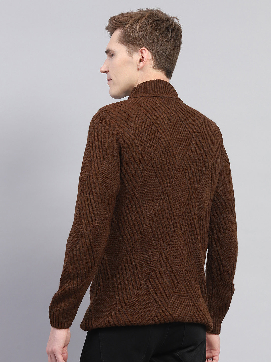 Men Brown Self Design High Neck Full Sleeve Pullover