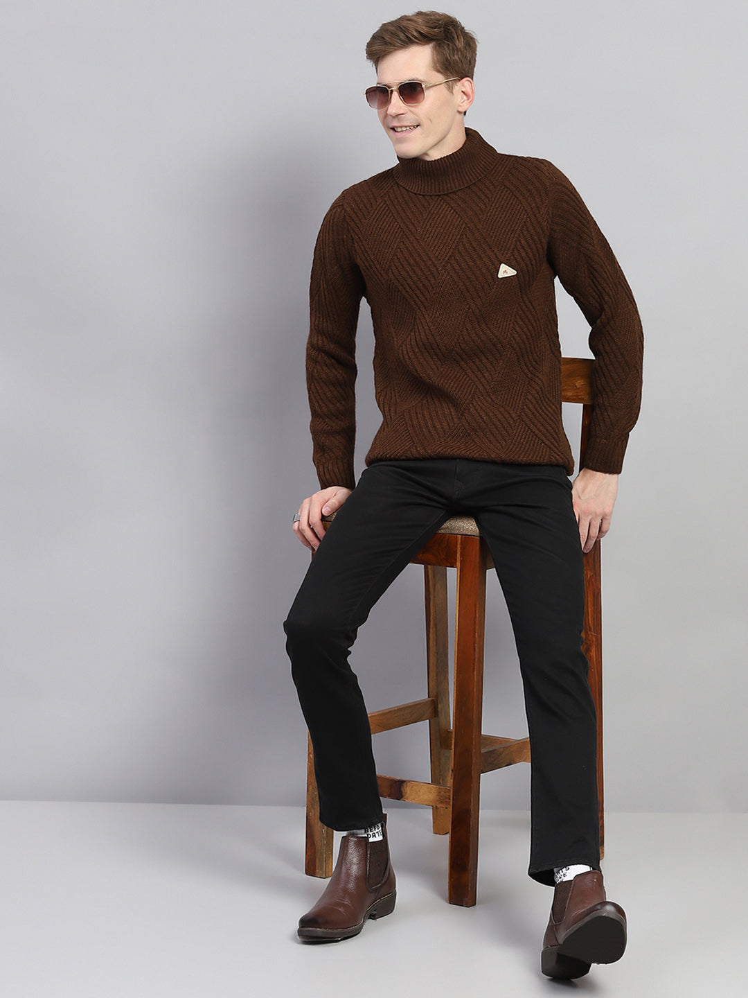 Men Brown Self Design High Neck Full Sleeve Pullover