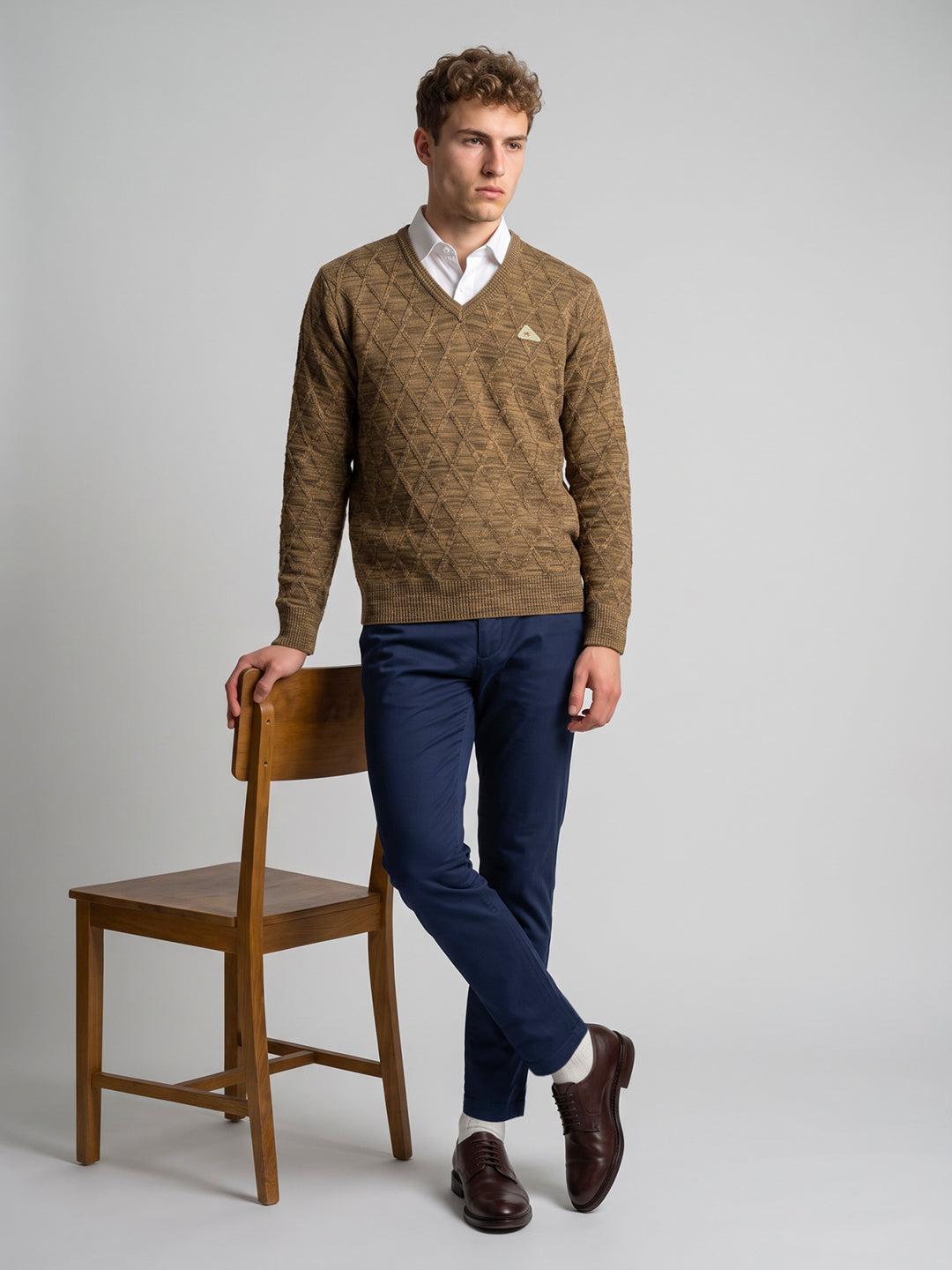 Men Camel Brown Self Design V Neck Full Sleeve Pullover