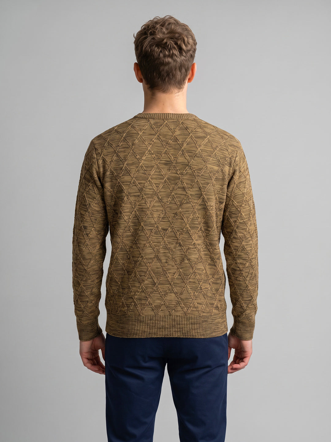 Men Camel Brown Self Design V Neck Full Sleeve Pullover