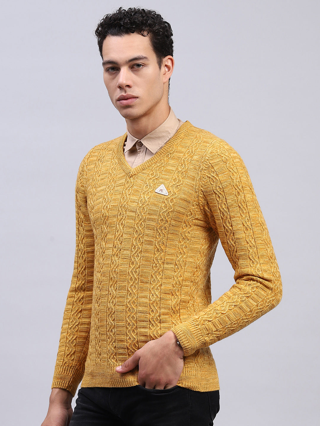 Men Yellow Self Design V Neck Full Sleeve Pullover