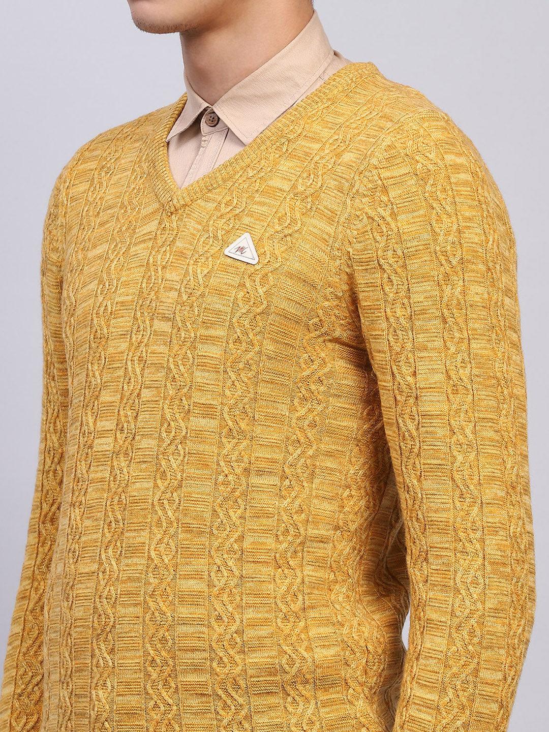 Men Yellow Self Design V Neck Full Sleeve Pullover