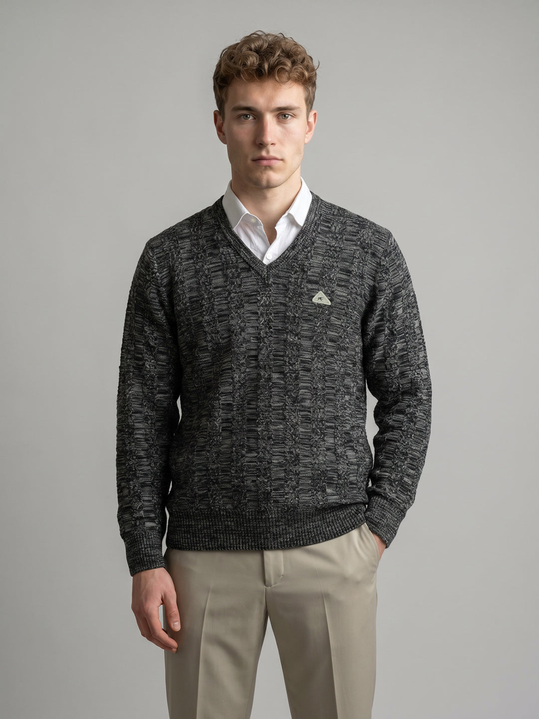 Men Black Self Design V Neck Full Sleeve Pullover