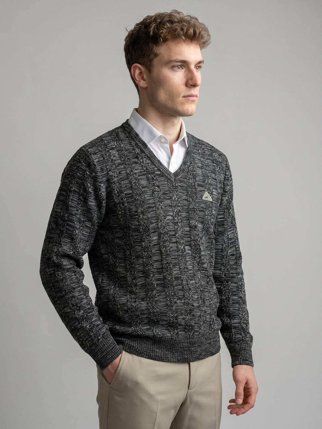 Men Black Self Design V Neck Full Sleeve Pullover