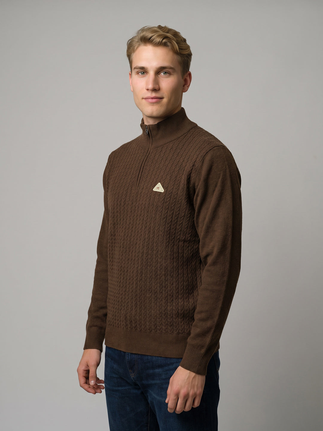 Men Brown Self Design High Neck Full Sleeve Pullover