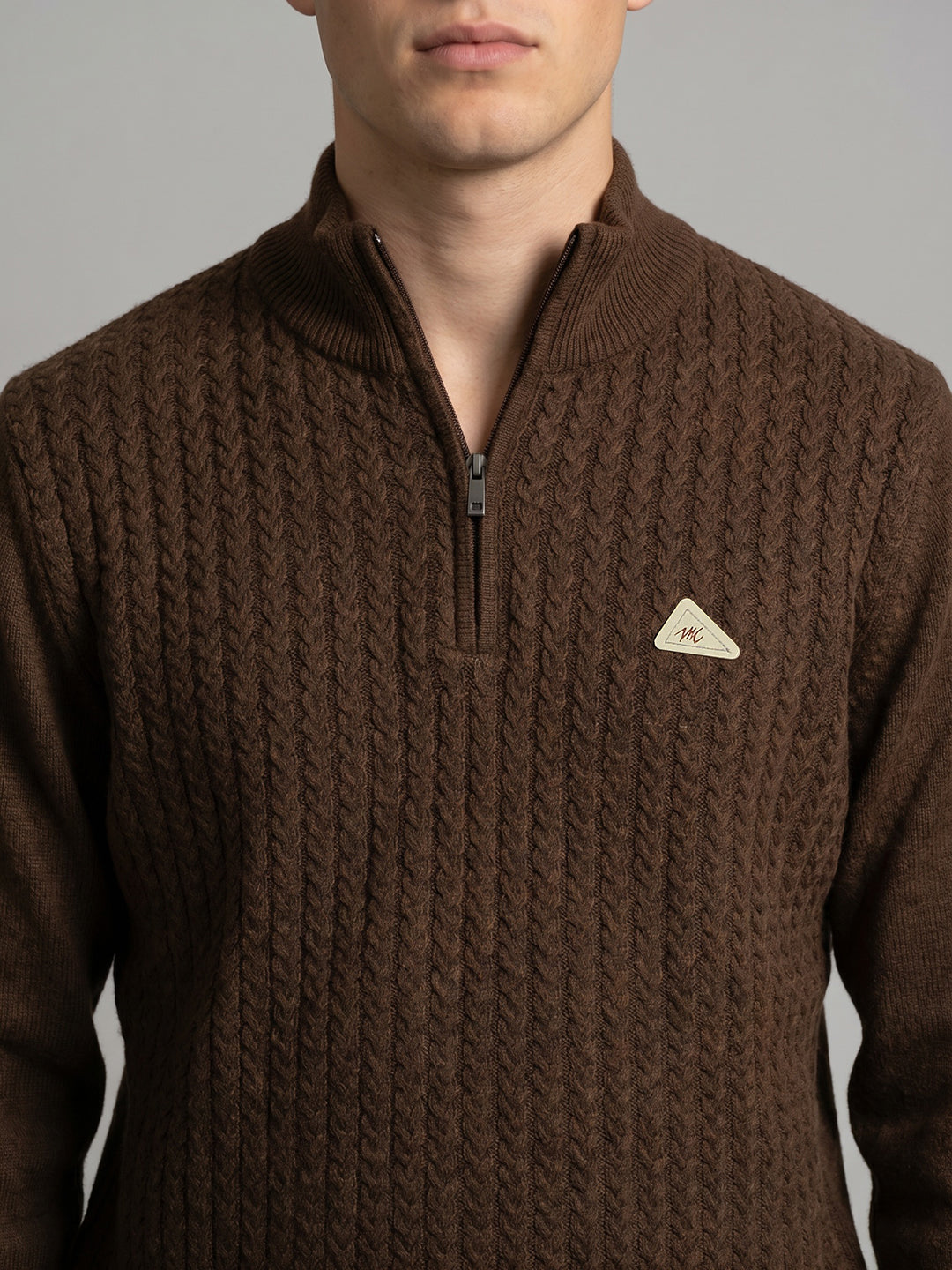 Men Brown Self Design High Neck Full Sleeve Pullover