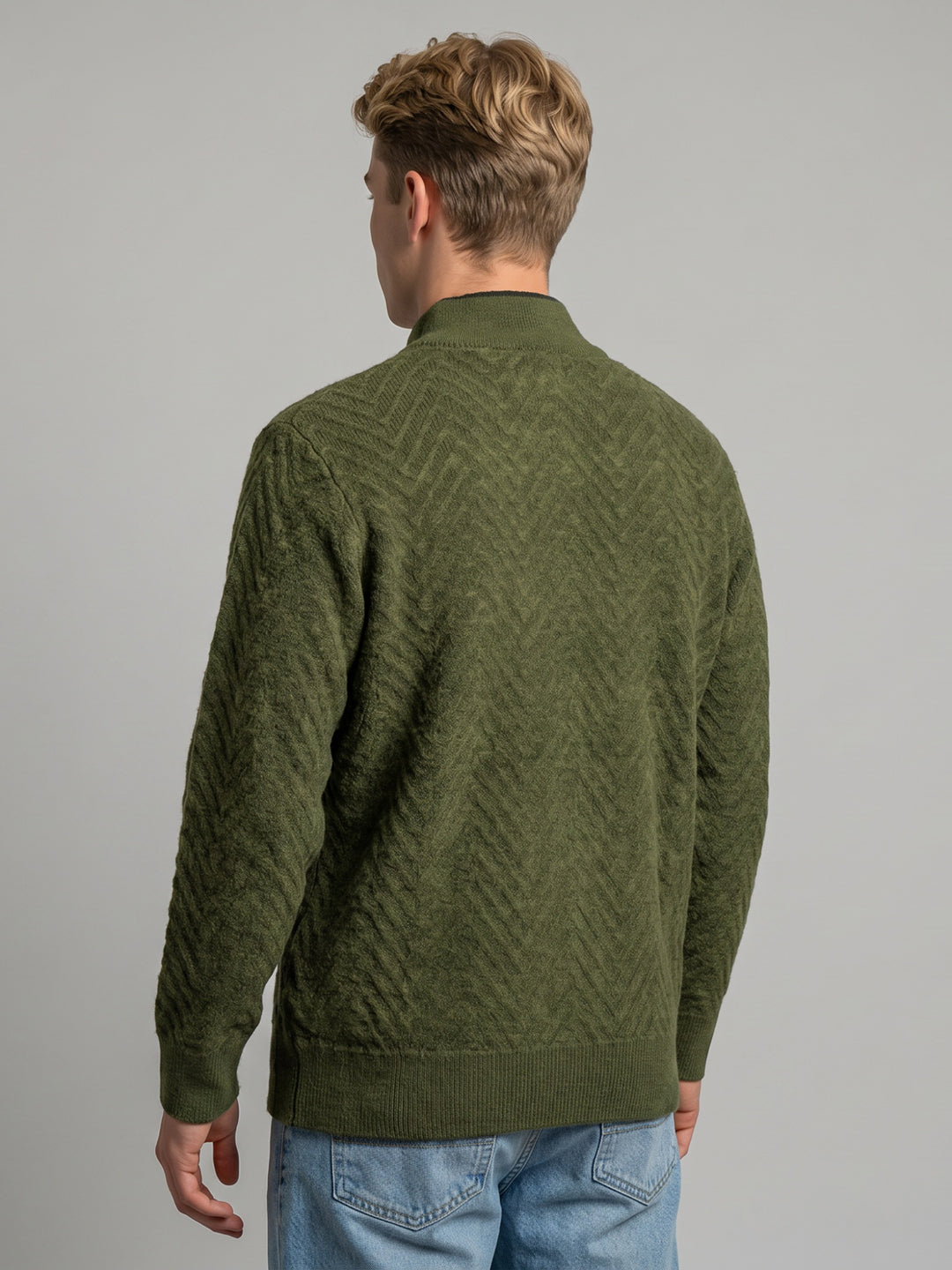 Men Green Self Design Turtle Neck Full Sleeve Pullover