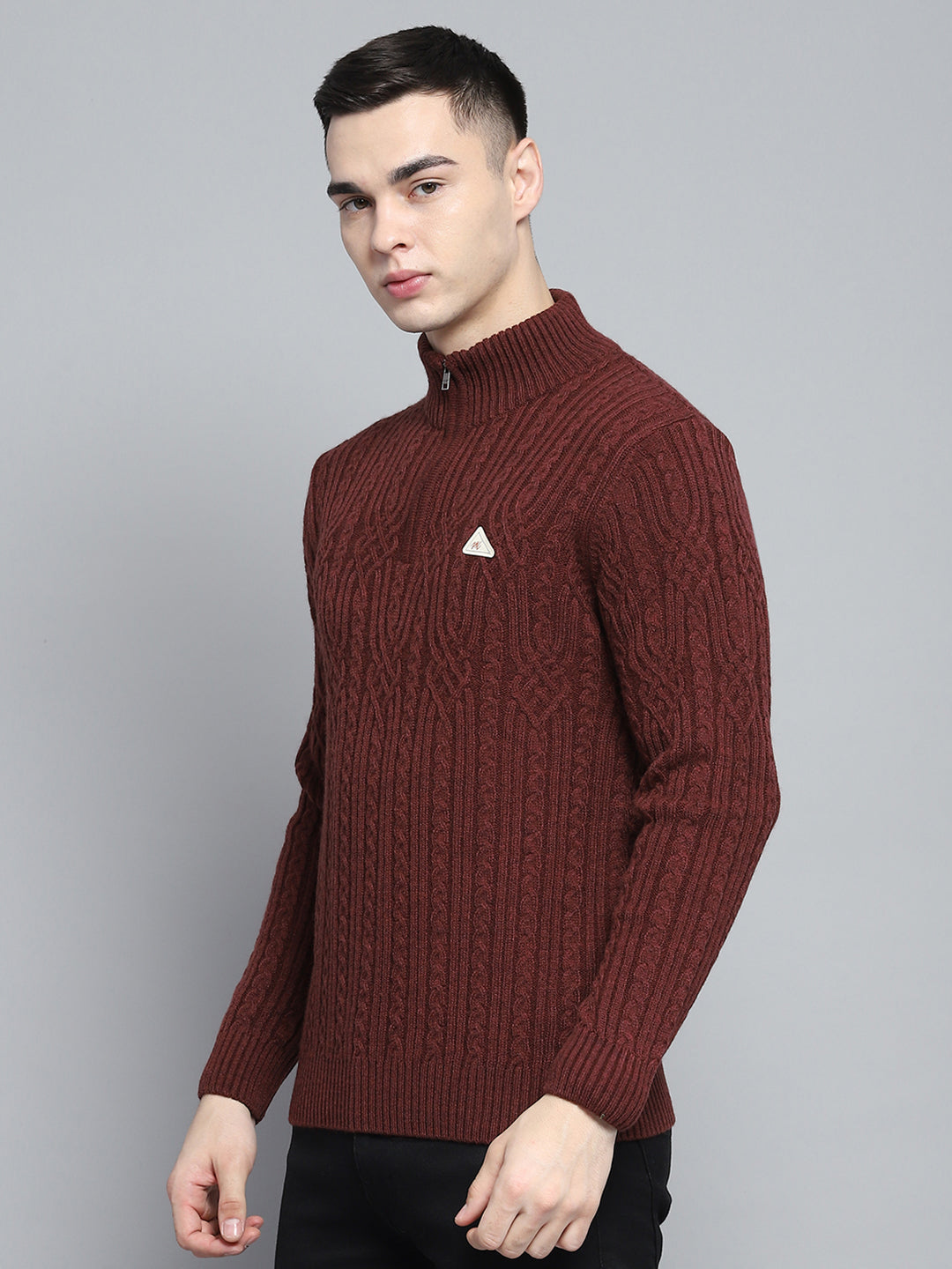 Men Brown Self Design Mock Neck Full Sleeve Pullover