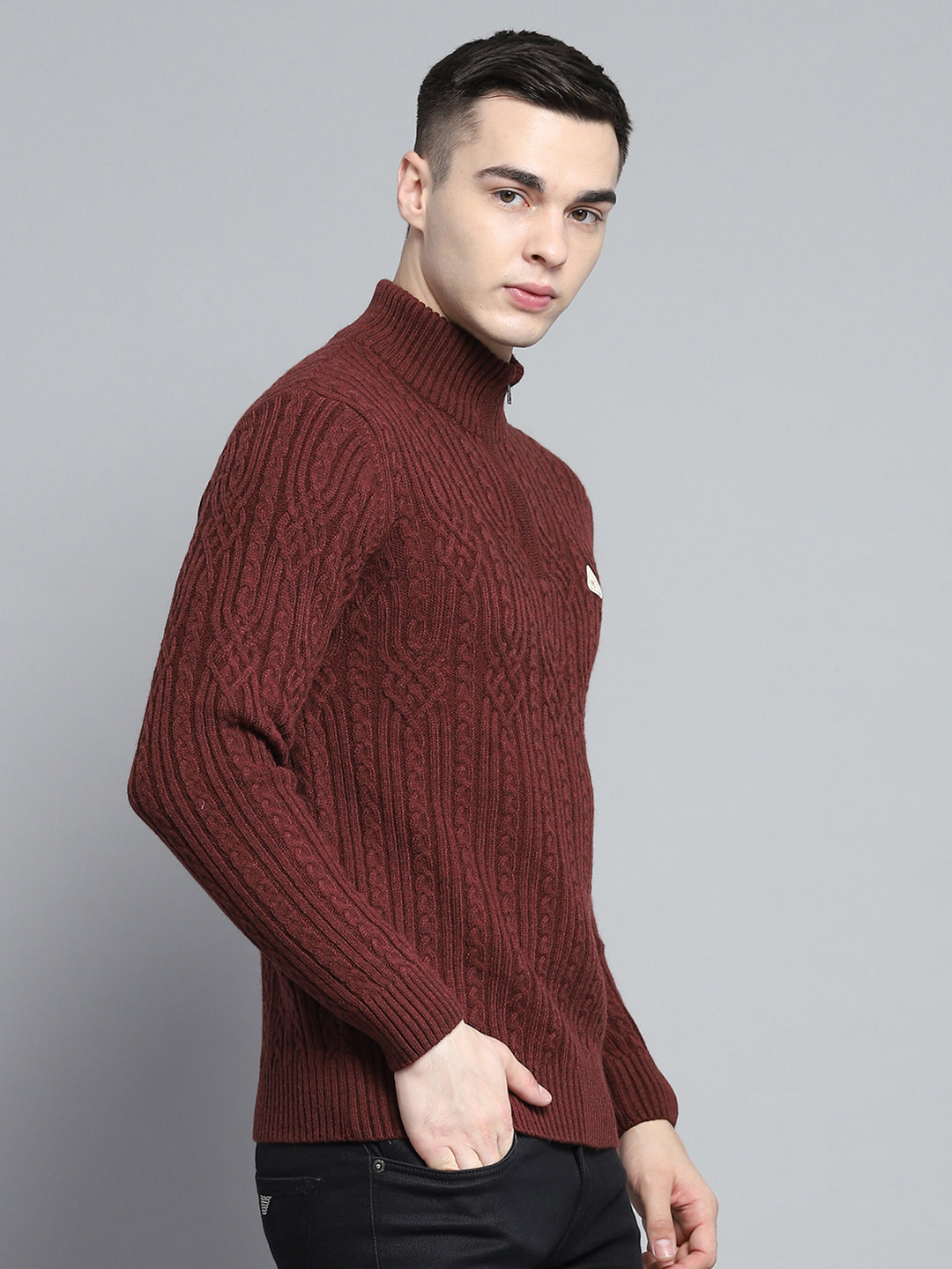 Men Brown Self Design Mock Neck Full Sleeve Pullover