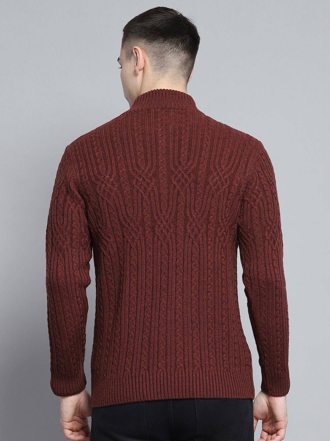 Men Brown Self Design Mock Neck Full Sleeve Pullover