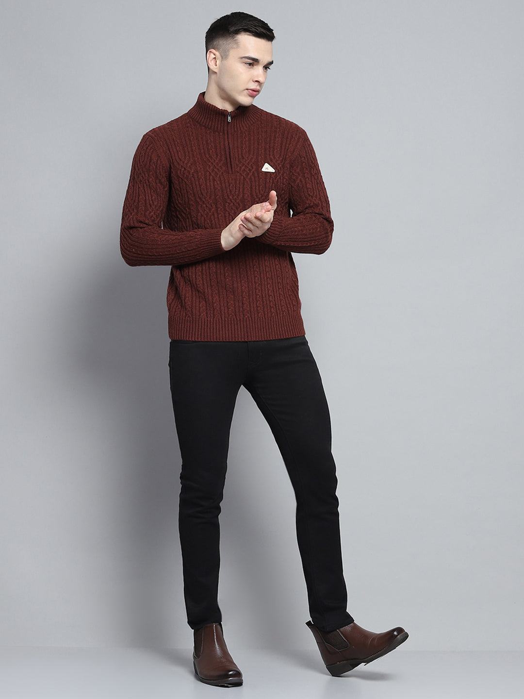 Men Brown Self Design Mock Neck Full Sleeve Pullover