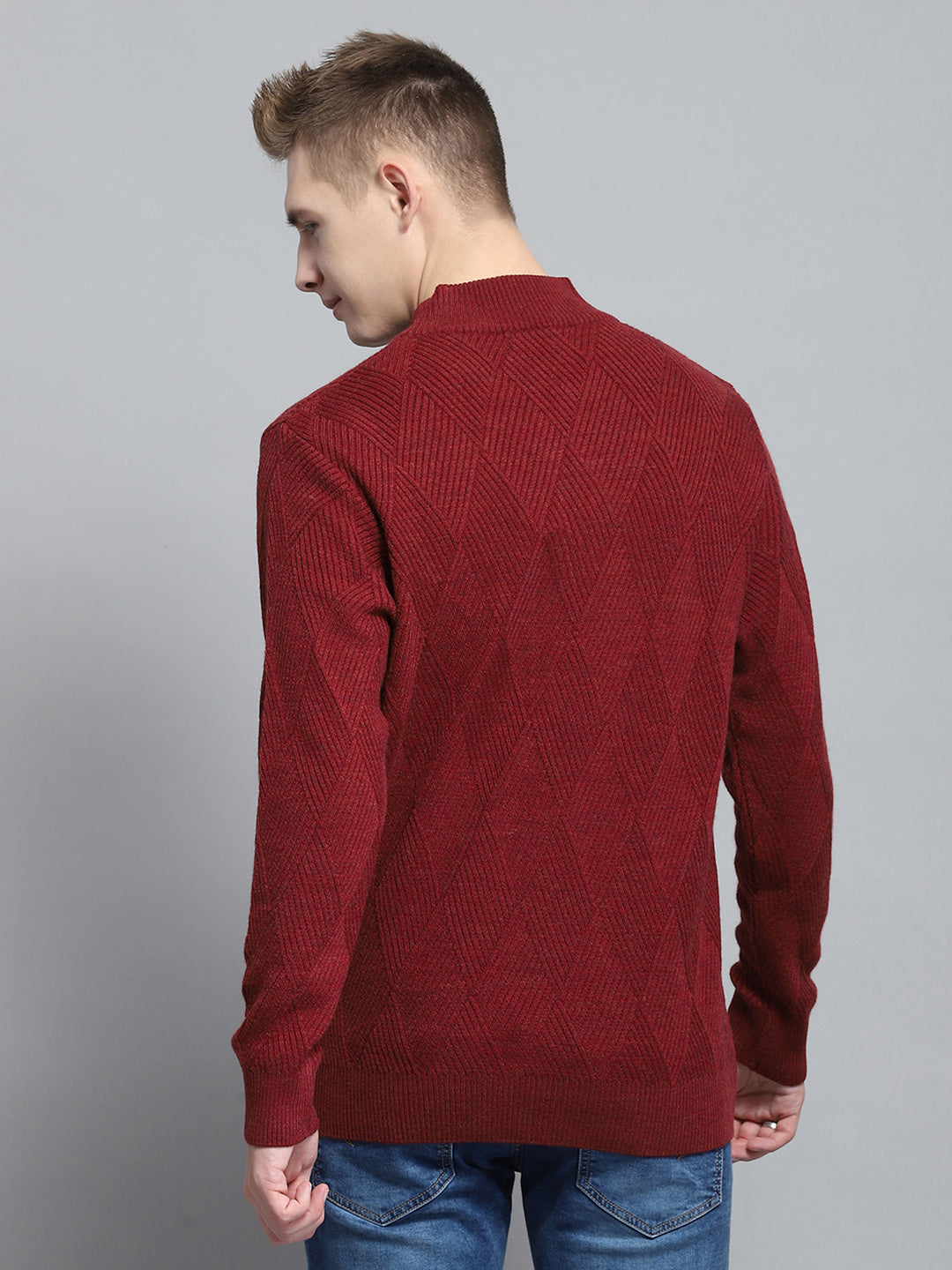 Men Maroon Self Design Mock Neck Full Sleeve Pullover