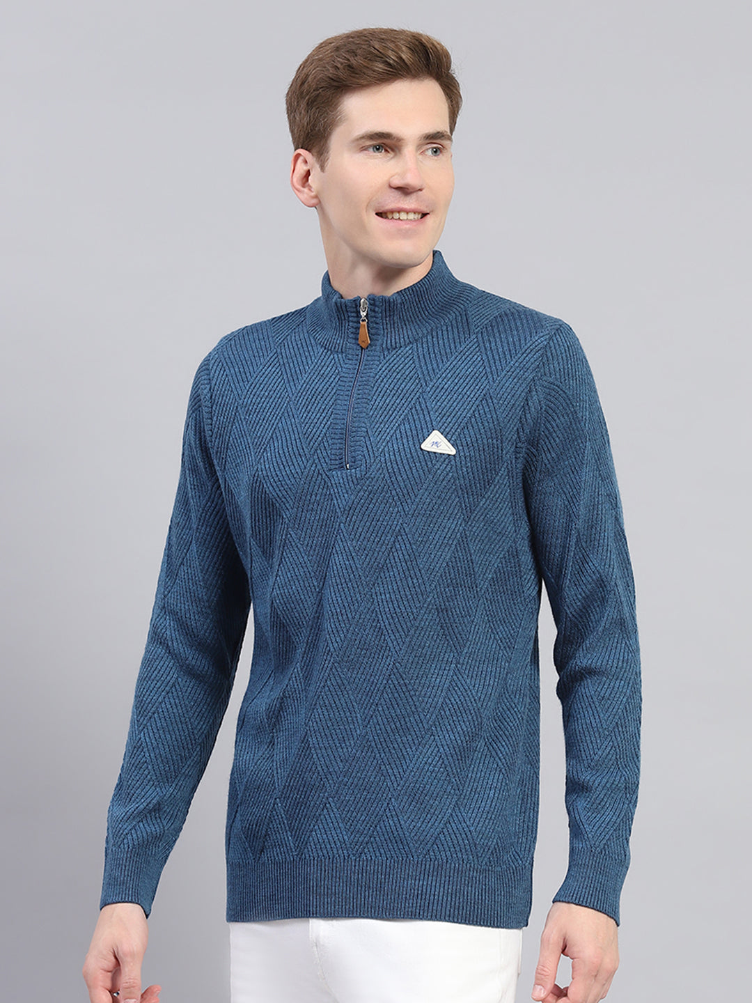 Men Blue Self Design High Neck Full Sleeve Pullover