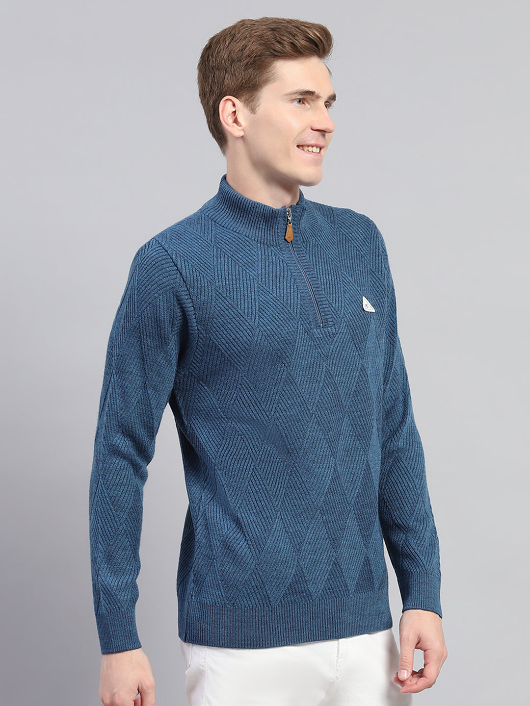 Men Blue Self Design High Neck Full Sleeve Pullover