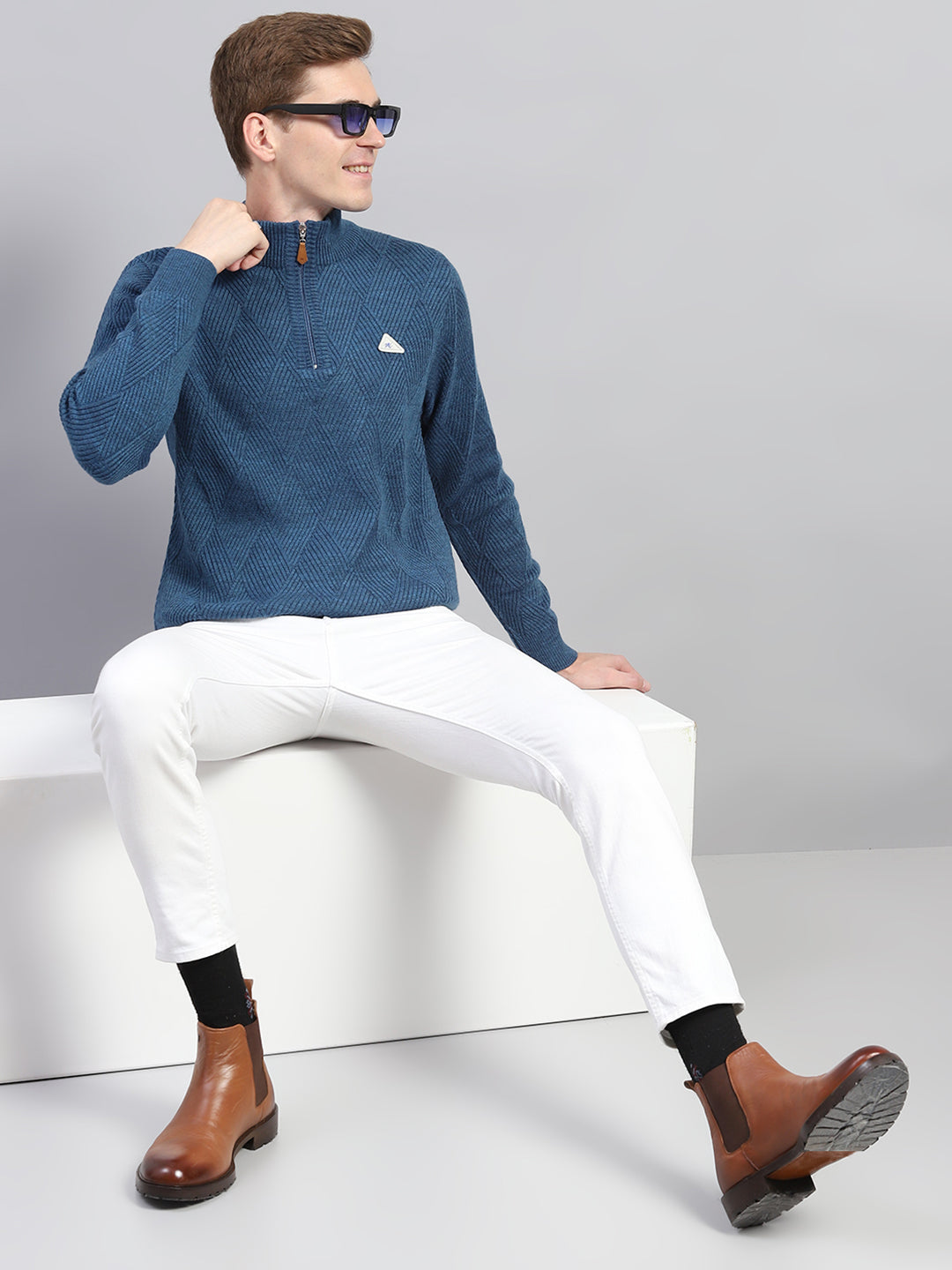 Men Blue Self Design High Neck Full Sleeve Pullover