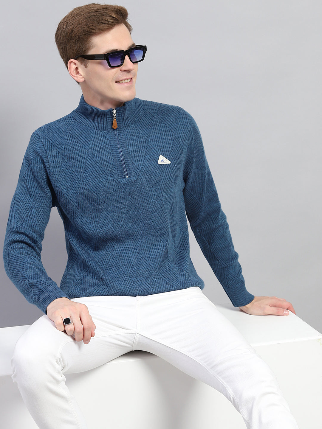 Men Blue Self Design High Neck Full Sleeve Pullover