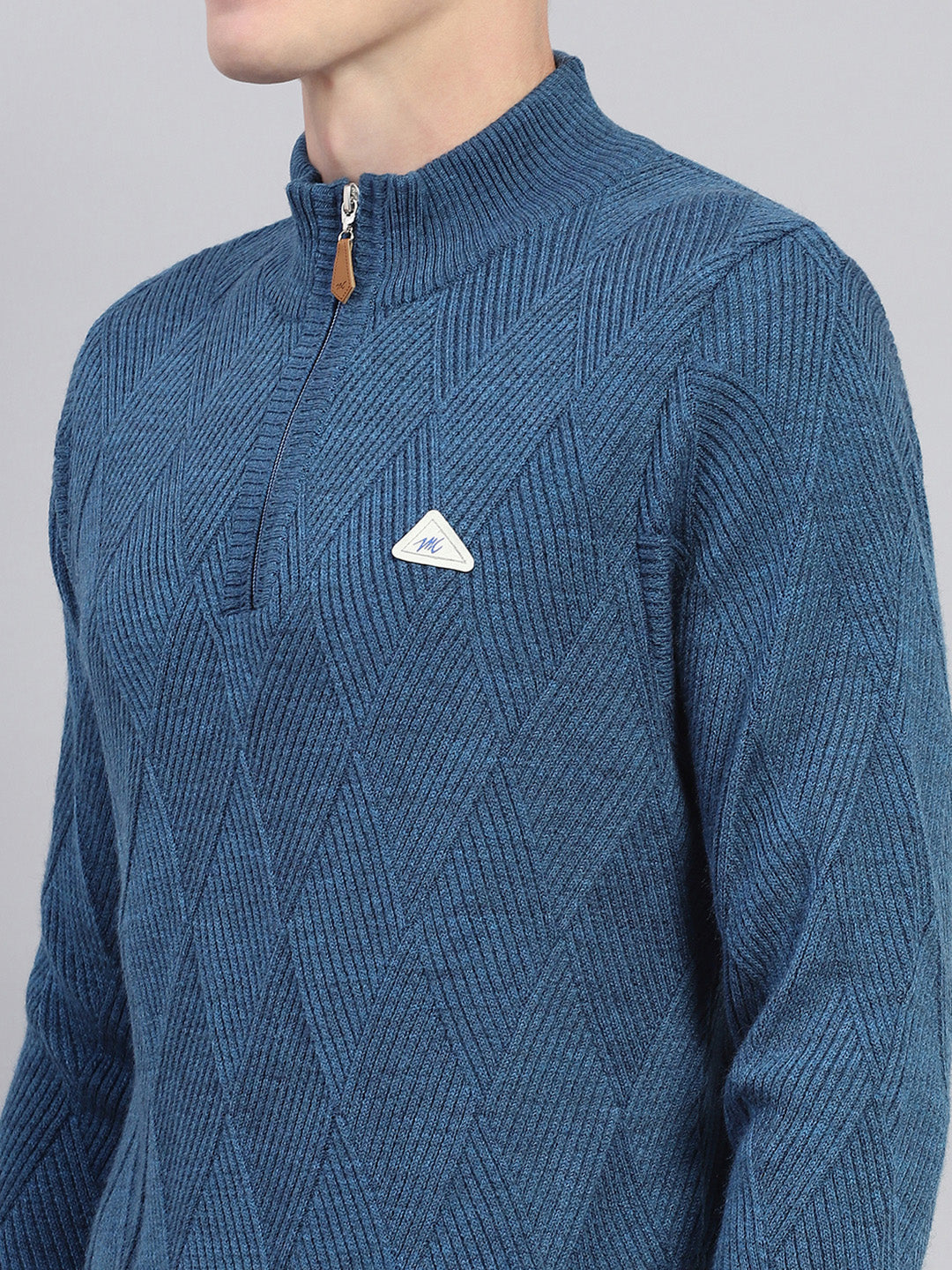 Men Blue Self Design High Neck Full Sleeve Pullover