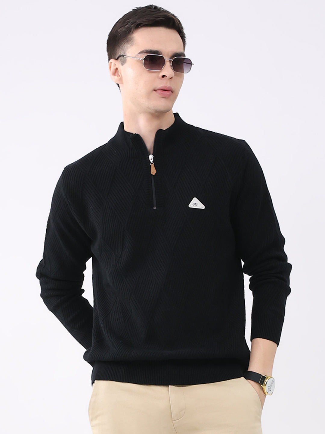 Men Black Self Design Mock Neck Full Sleeve Pullover