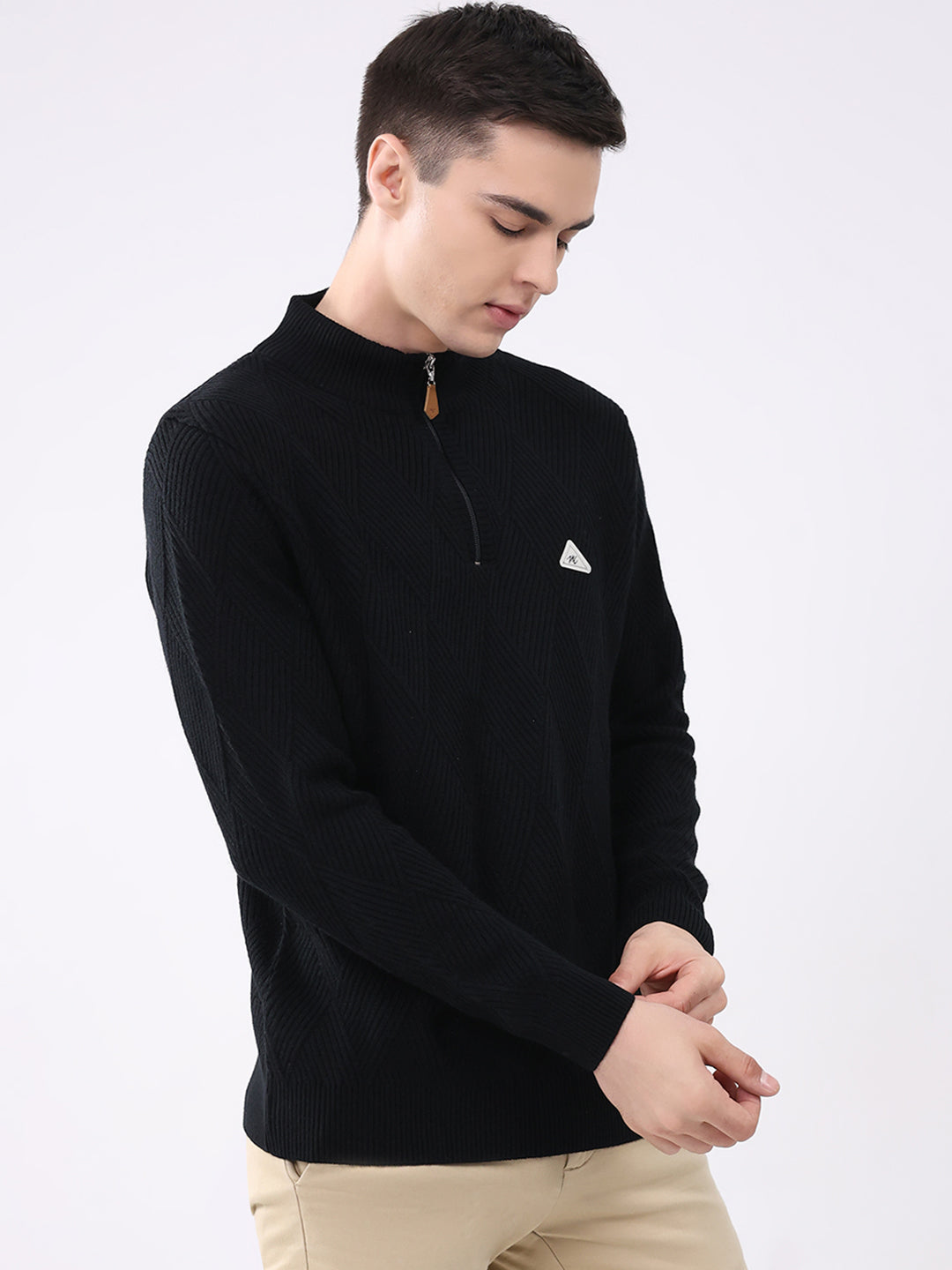 Men Black Self Design Mock Neck Full Sleeve Pullover