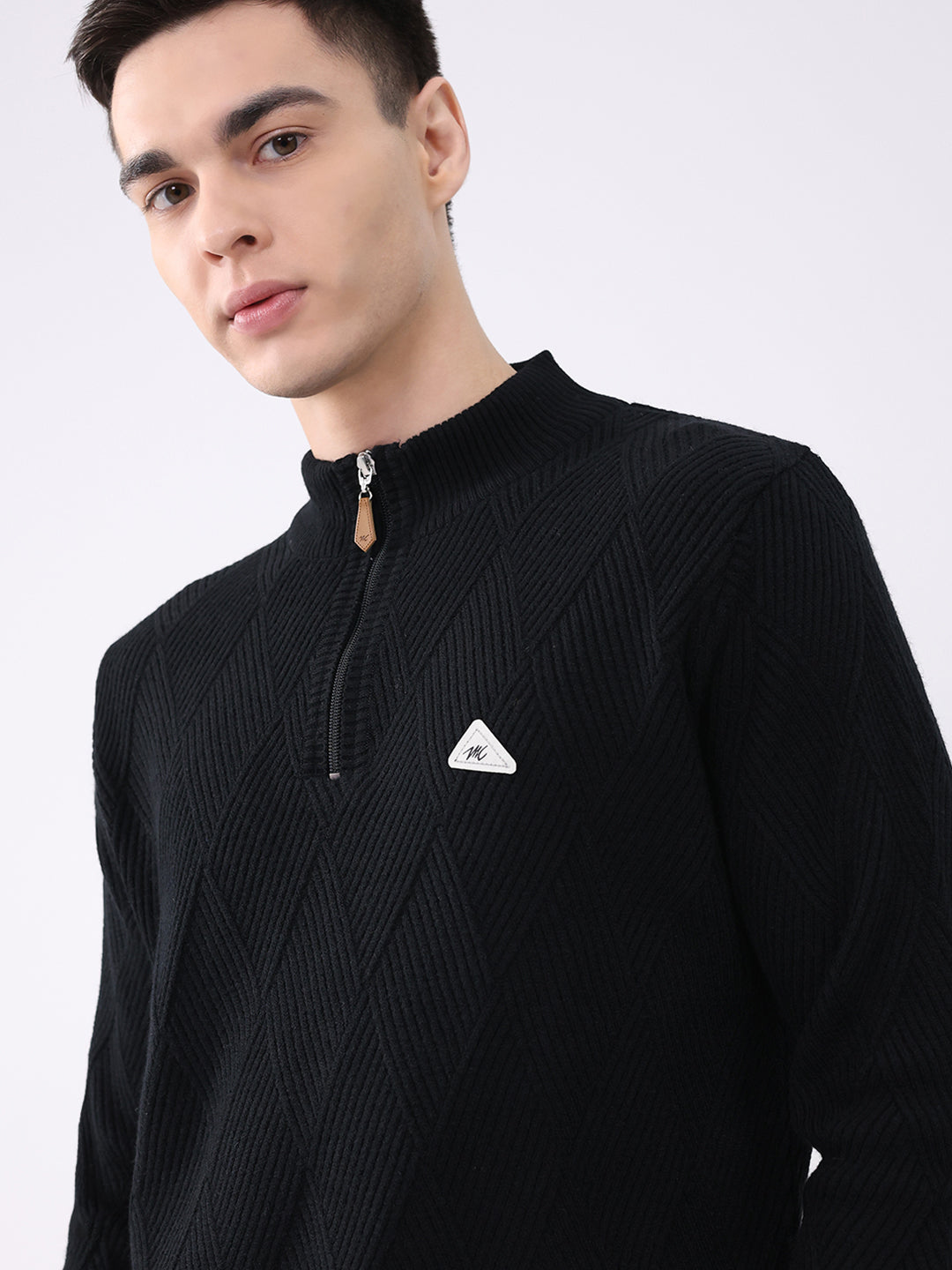 Men Black Self Design Mock Neck Full Sleeve Pullover