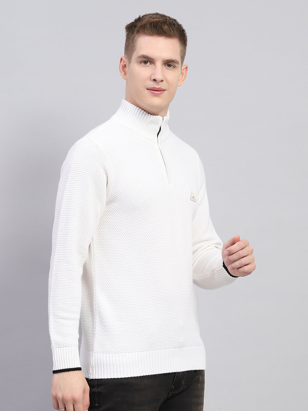 Men White Self Design High Neck Full Sleeve Pullover