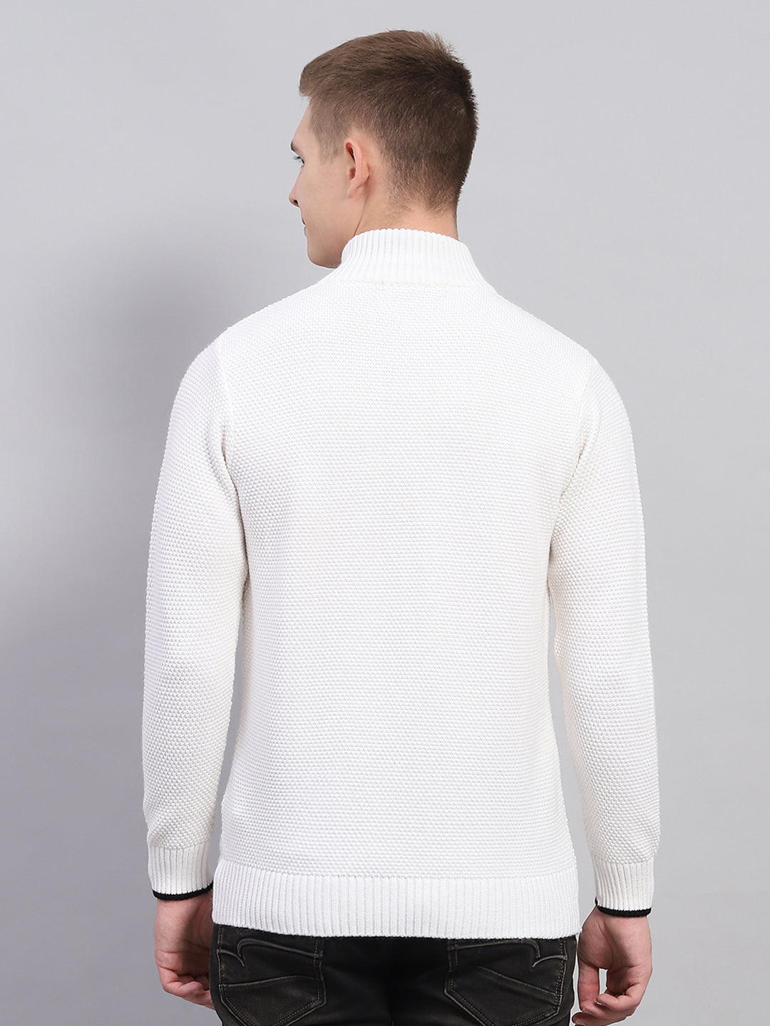 Men White Self Design High Neck Full Sleeve Pullover